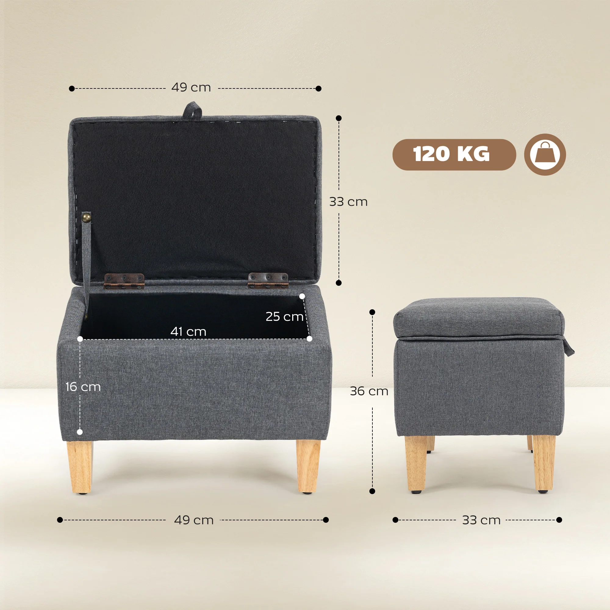 HOMCOM Linen Storage Ottoman Storage Box With Rubberwood Legs, Charcoal Grey - Image 5