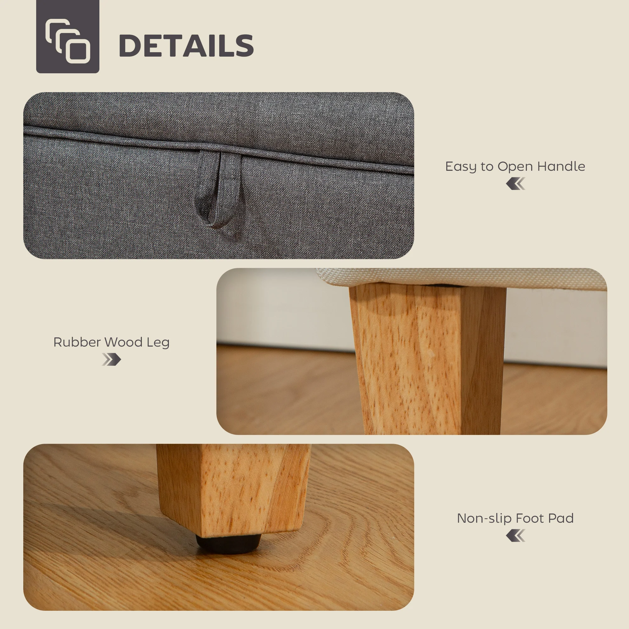 HOMCOM Linen Storage Ottoman Storage Box With Rubberwood Legs, Charcoal Grey - Image 6