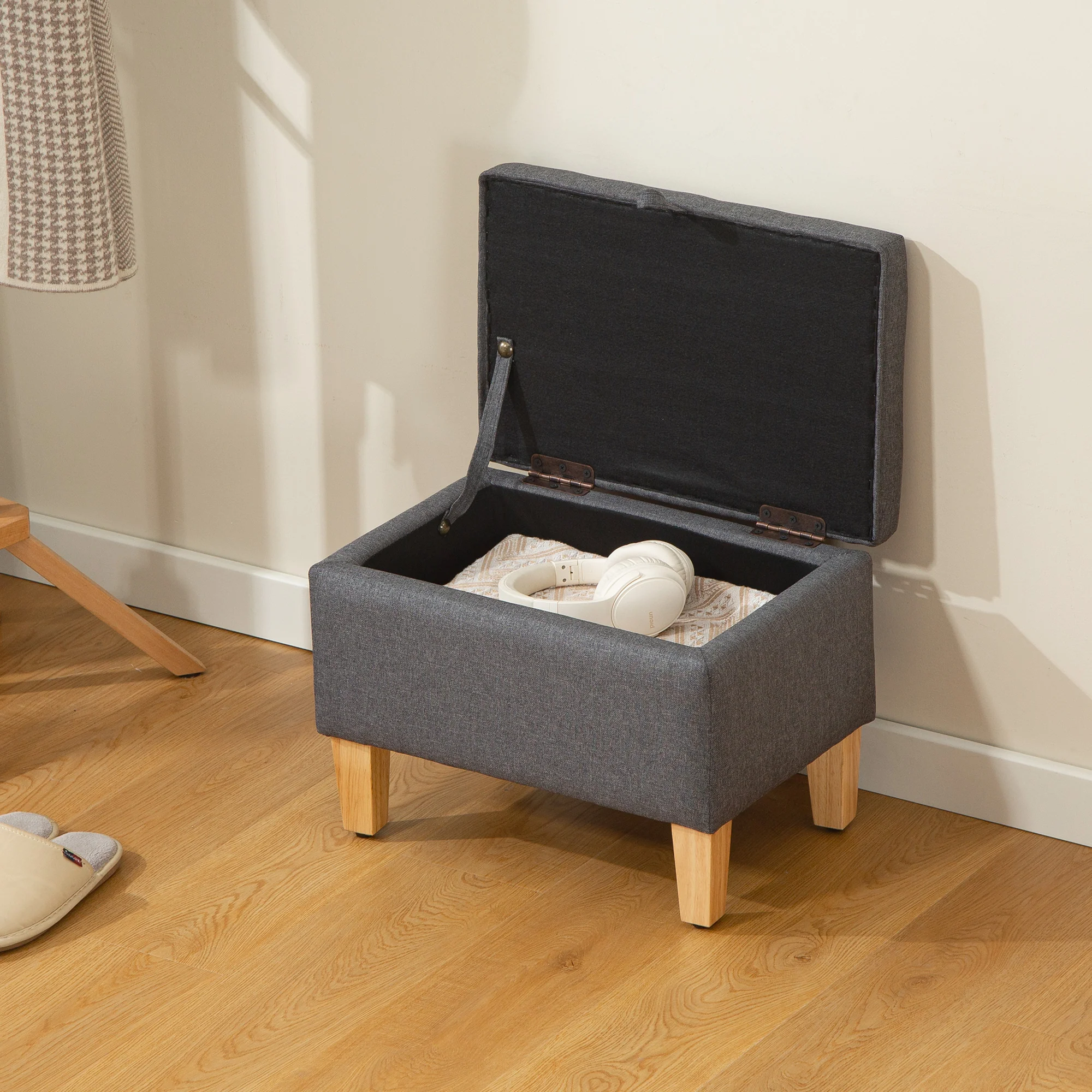 HOMCOM Linen Storage Ottoman Storage Box With Rubberwood Legs, Charcoal Grey - Image 7