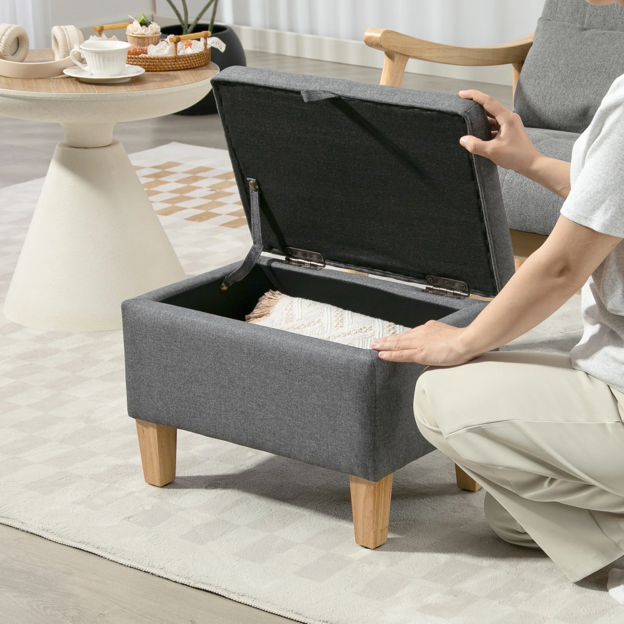 HOMCOM Linen Storage Ottoman Storage Box With Rubberwood Legs, Charcoal Grey - Image 8