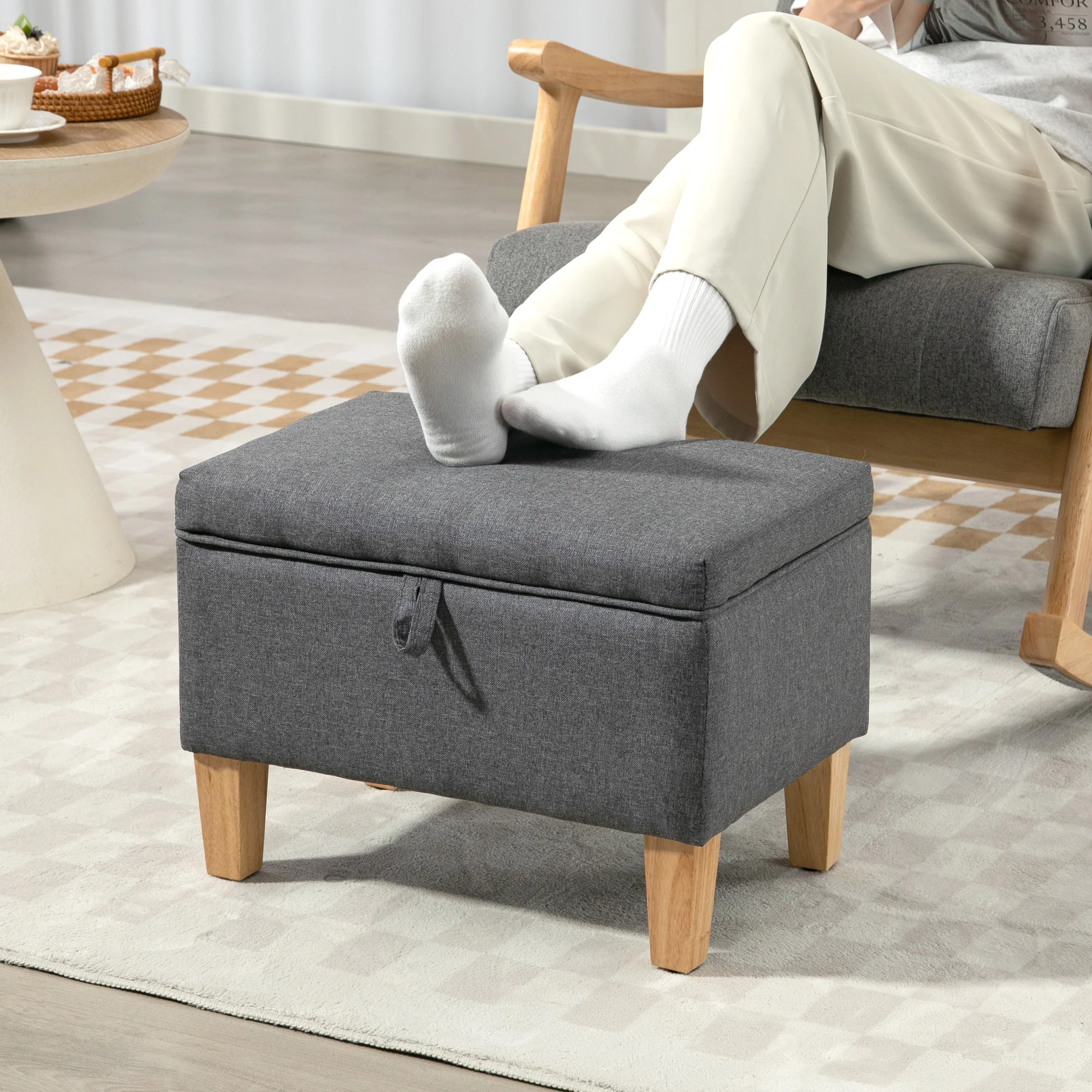 HOMCOM Linen Storage Ottoman Storage Box With Rubberwood Legs, Charcoal Grey - Image 9