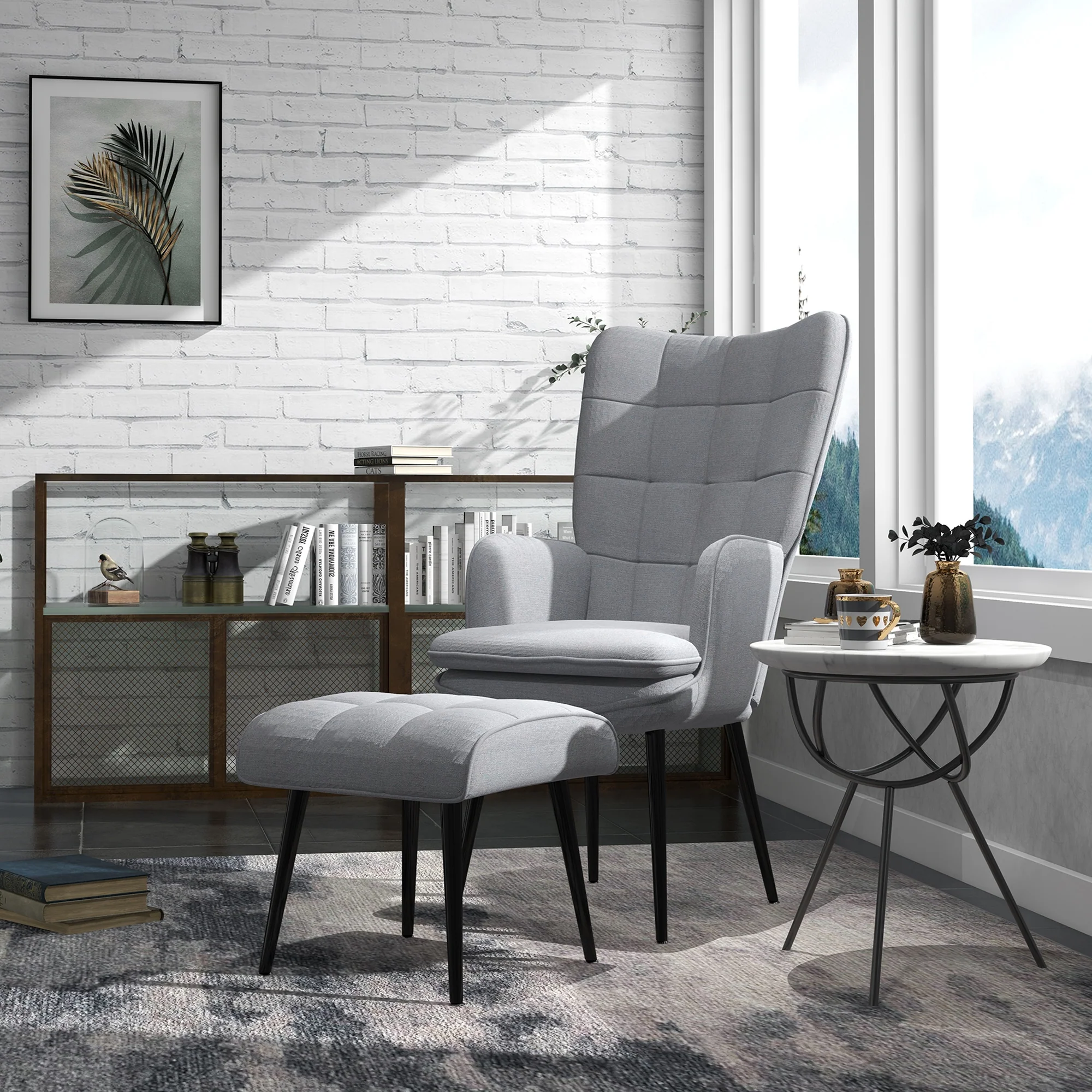 HOMCOM Living Room Chair with Footstool and Steel Legs, Light Grey - Image 2