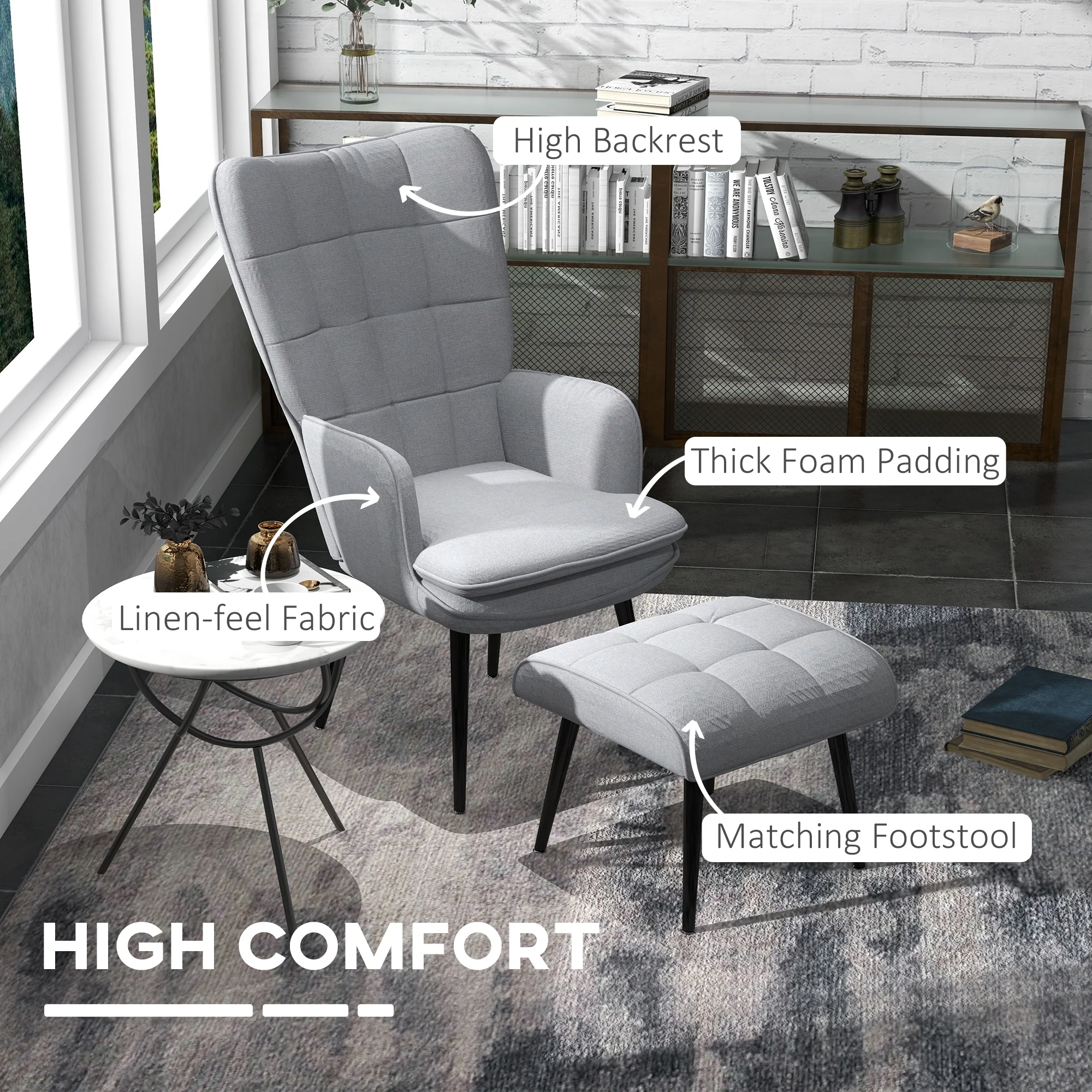 HOMCOM Living Room Chair with Footstool and Steel Legs, Light Grey - Image 3