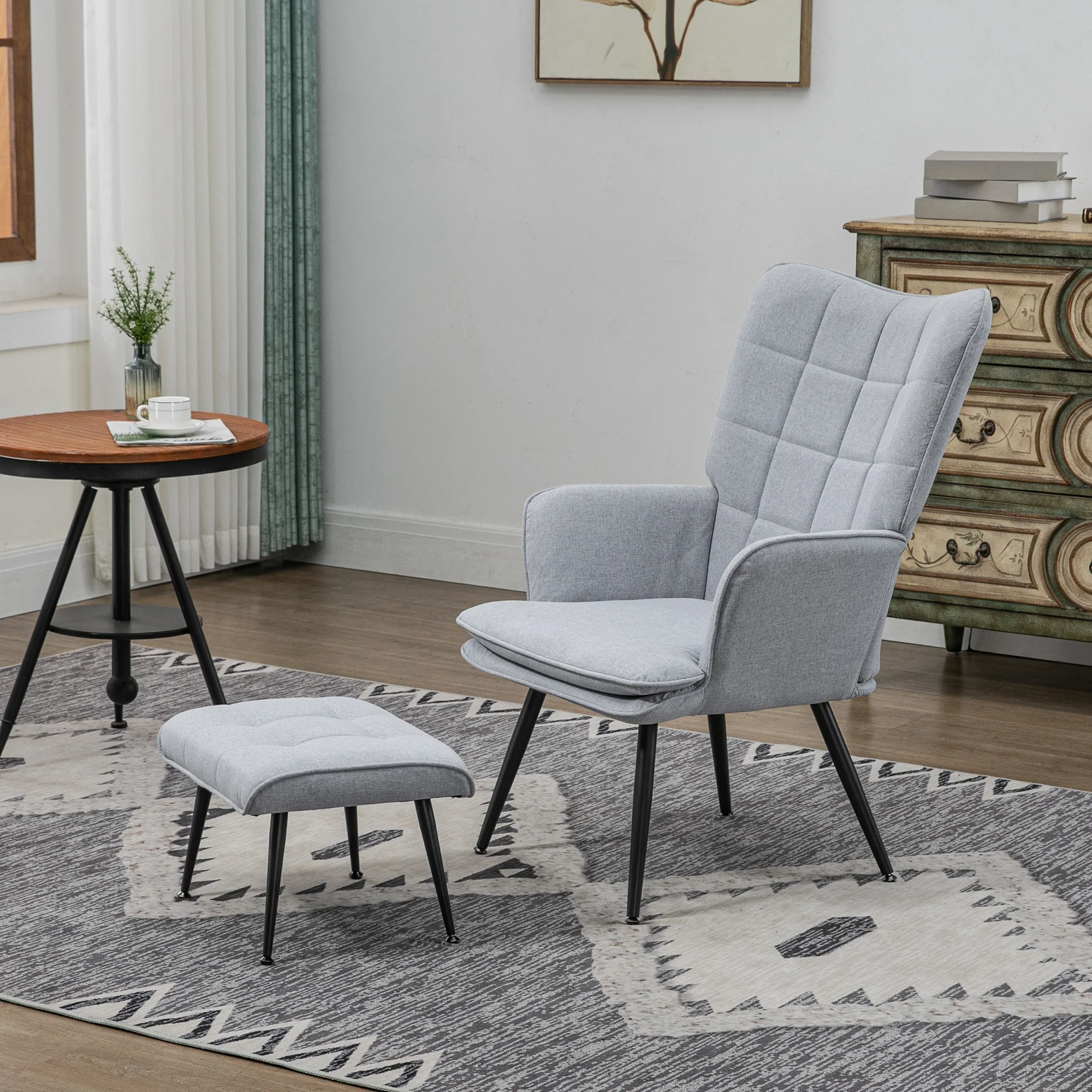 HOMCOM Living Room Chair with Footstool and Steel Legs, Light Grey - Image 6
