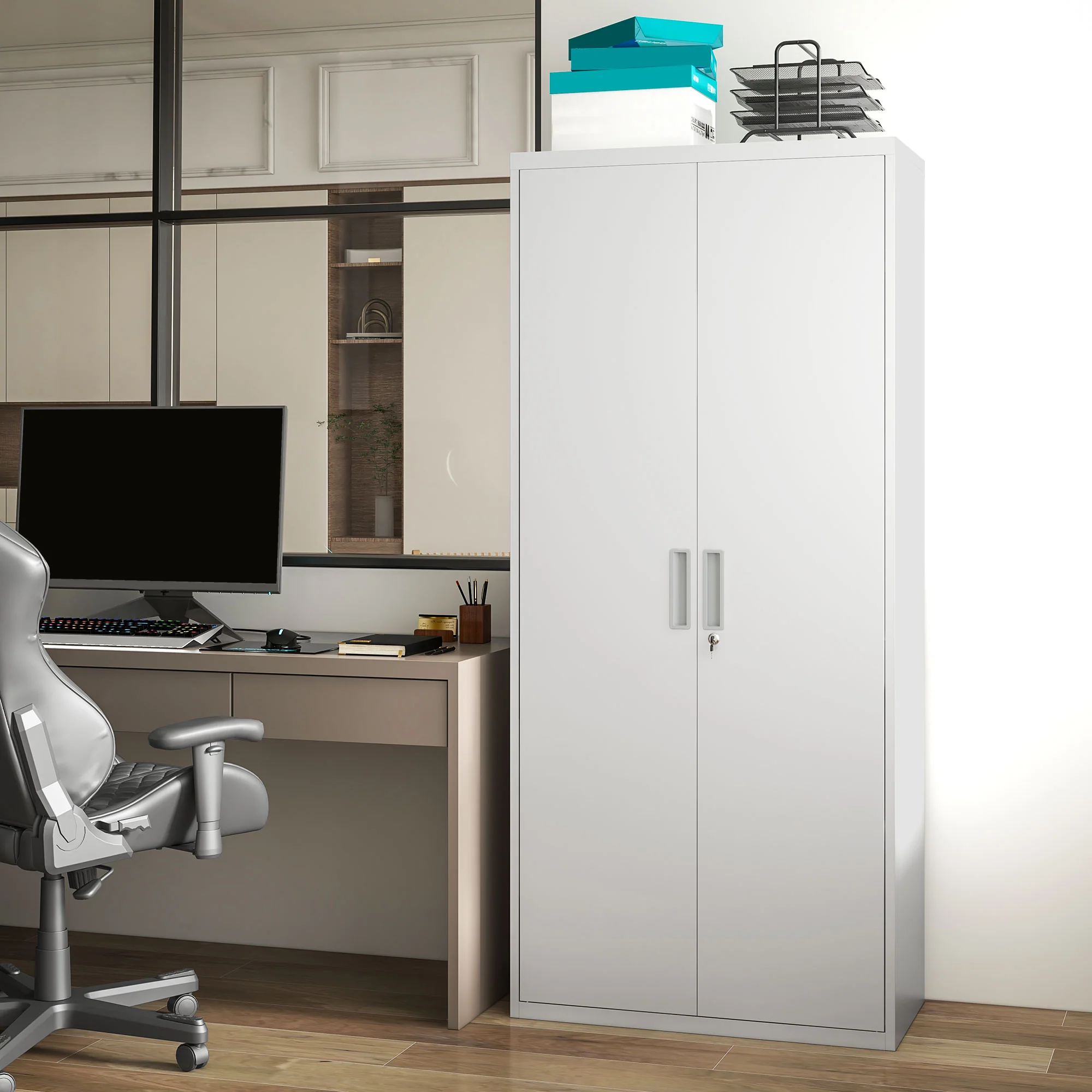 HOMCOM Lockable Metal Cabinet with 2 Doors, File Cabinet for Home Office, White - Image 8