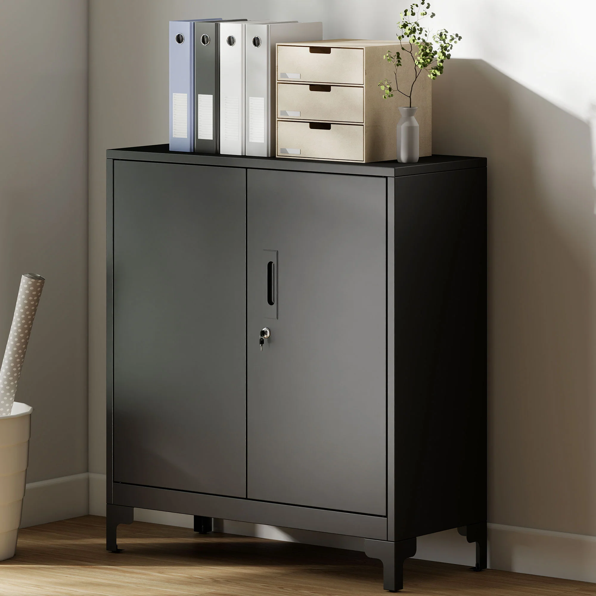 HOMCOM Lockable Metal Filing Cabinet, 2-Tier Storage Cupboard, Black - Image 2