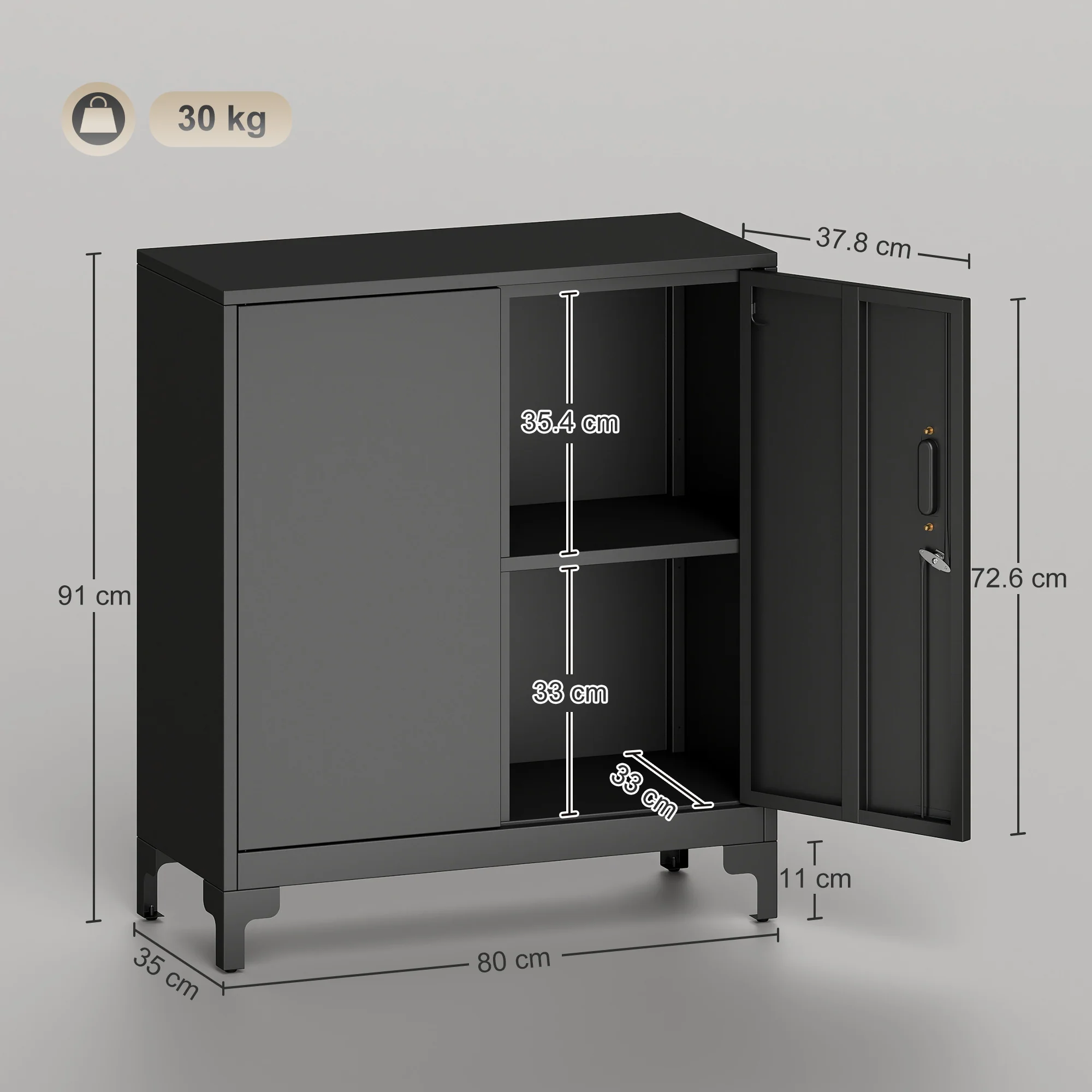 HOMCOM Lockable Metal Filing Cabinet, 2-Tier Storage Cupboard, Black - Image 3