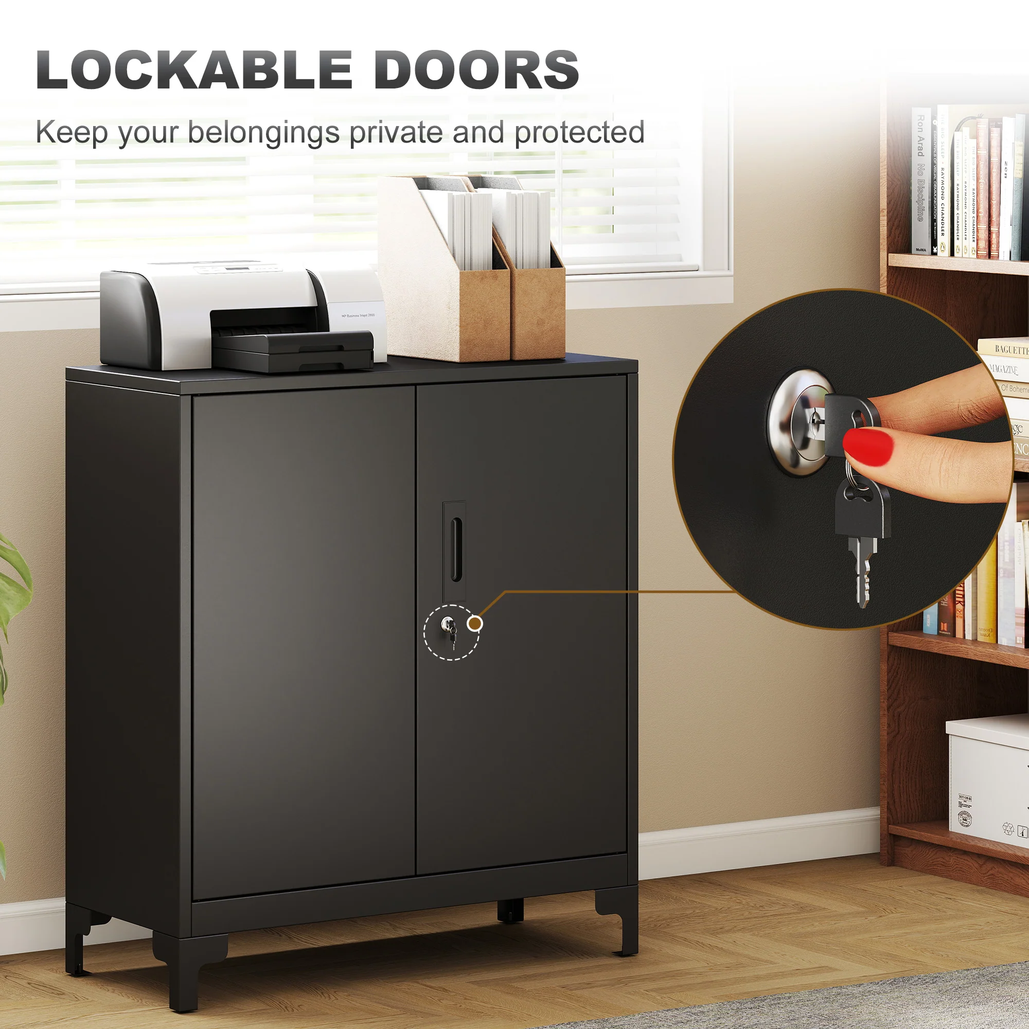 HOMCOM Lockable Metal Filing Cabinet, 2-Tier Storage Cupboard, Black - Image 5