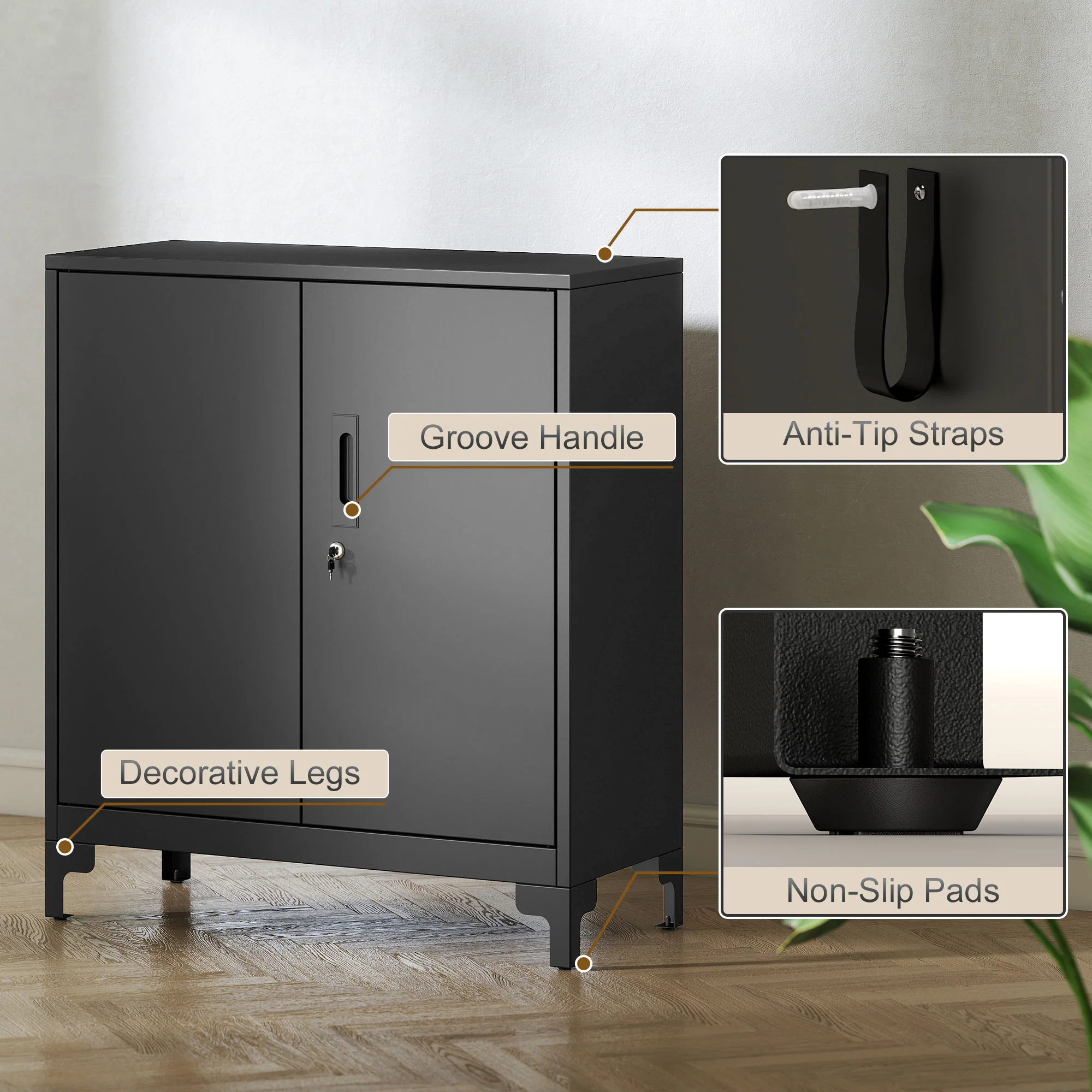 HOMCOM Lockable Metal Filing Cabinet, 2-Tier Storage Cupboard, Black - Image 6