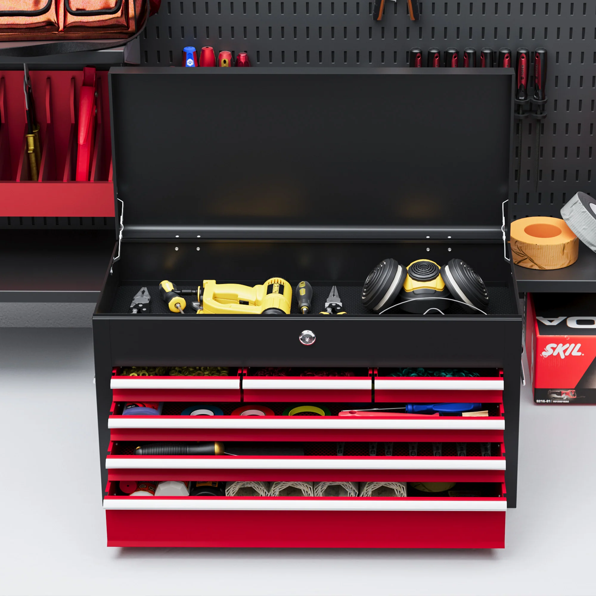 HOMCOM Lockable Metal Tool Chest W/ 6 Drawer, Ball Bearing Runners - Red/Black - Image 8