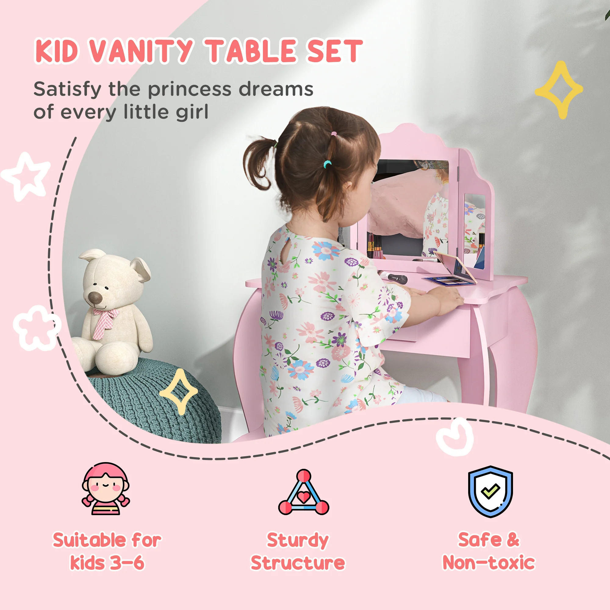 HOMCOM Makeup Dressing Table Set With Tri-Folding Mirror And Drawer, Pink - Image 3