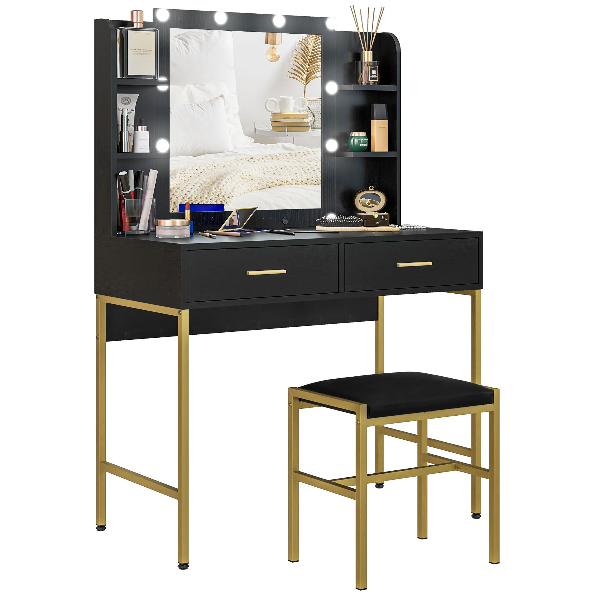 HOMCOM Makeup Vanity Desk Set With Lighted Mirror, Stool, Drawers, White - Image 10