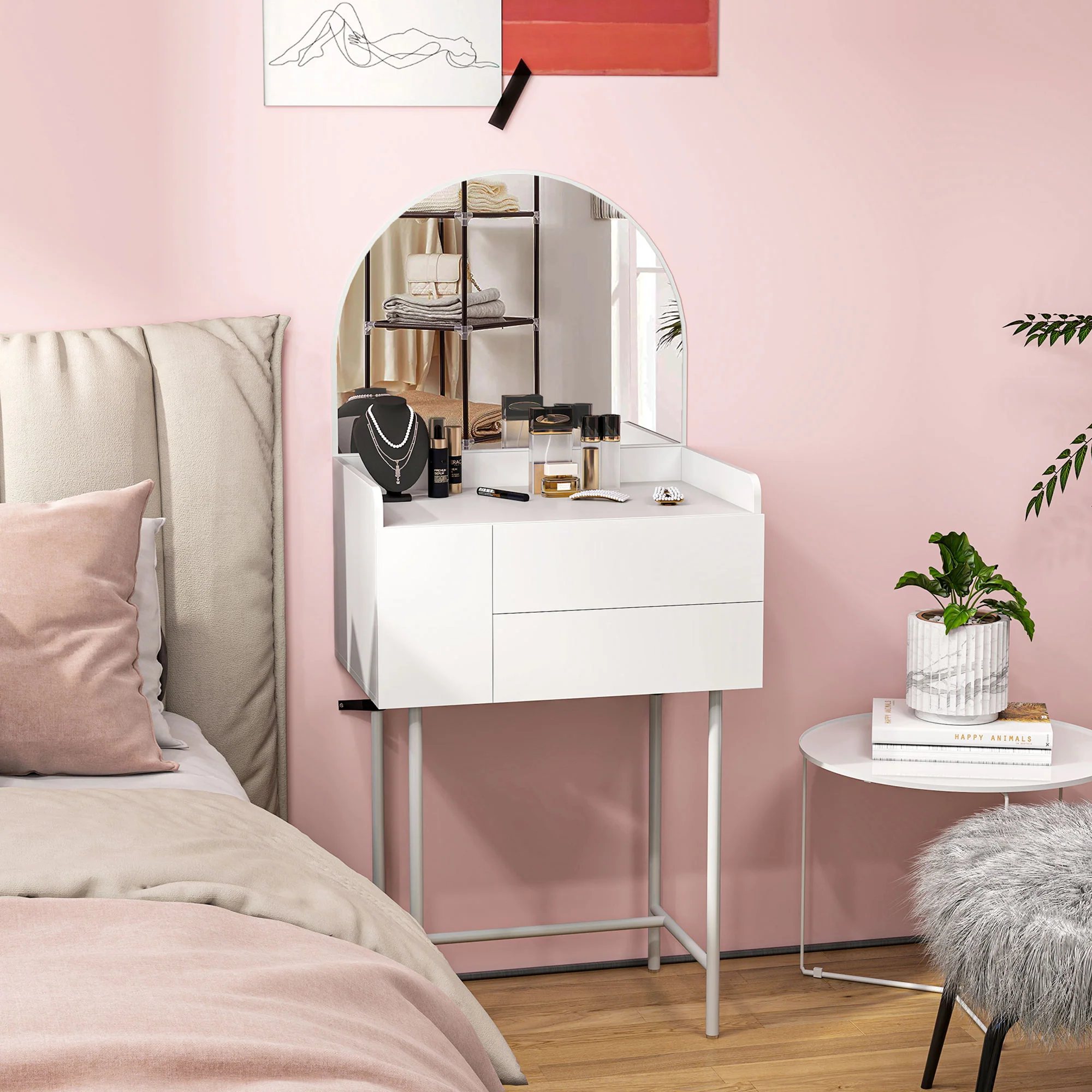 HOMCOM Makeup Vanity Table with Mirror Drawers Modern Dressing Table White - Image 2