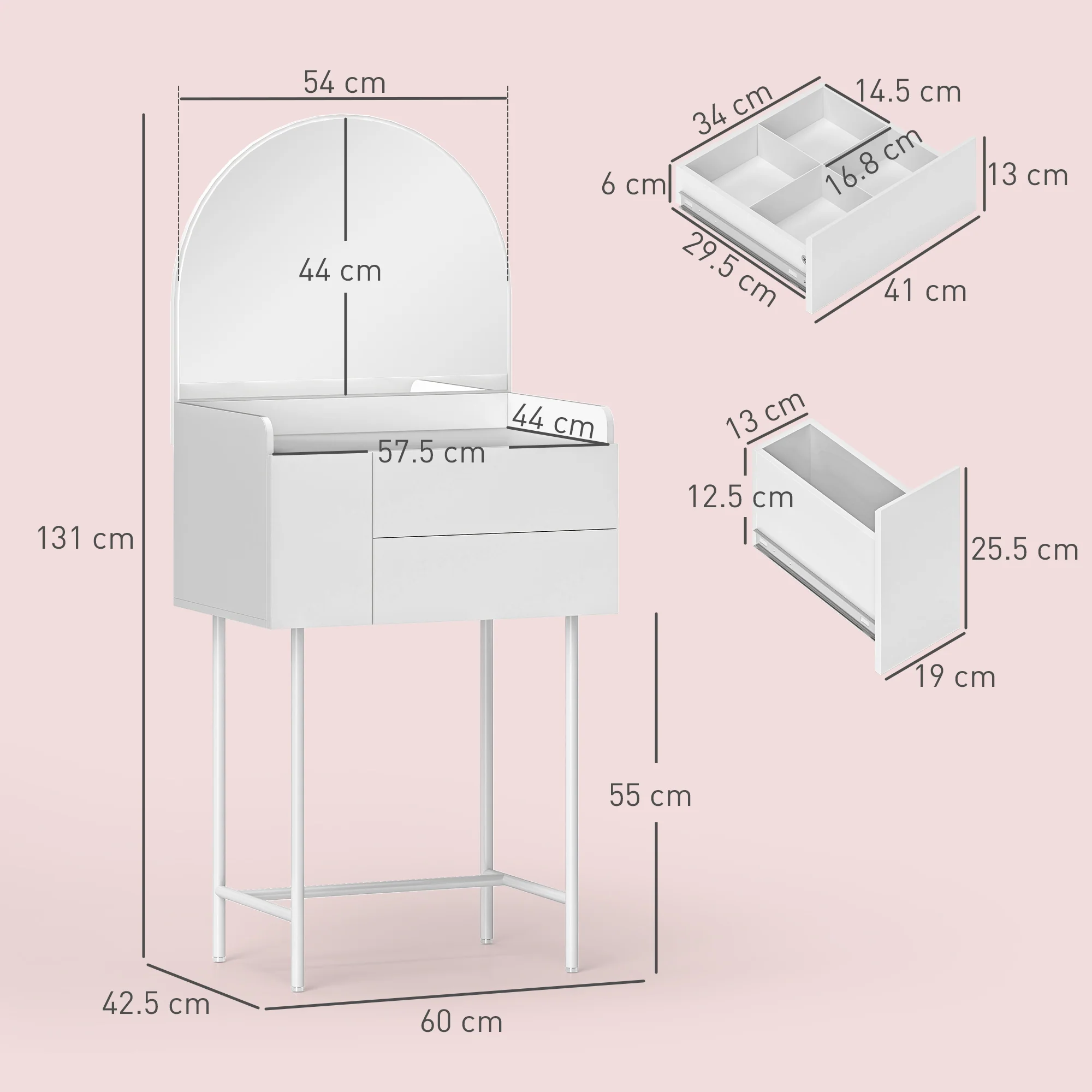 HOMCOM Makeup Vanity Table with Mirror Drawers Modern Dressing Table White - Image 5