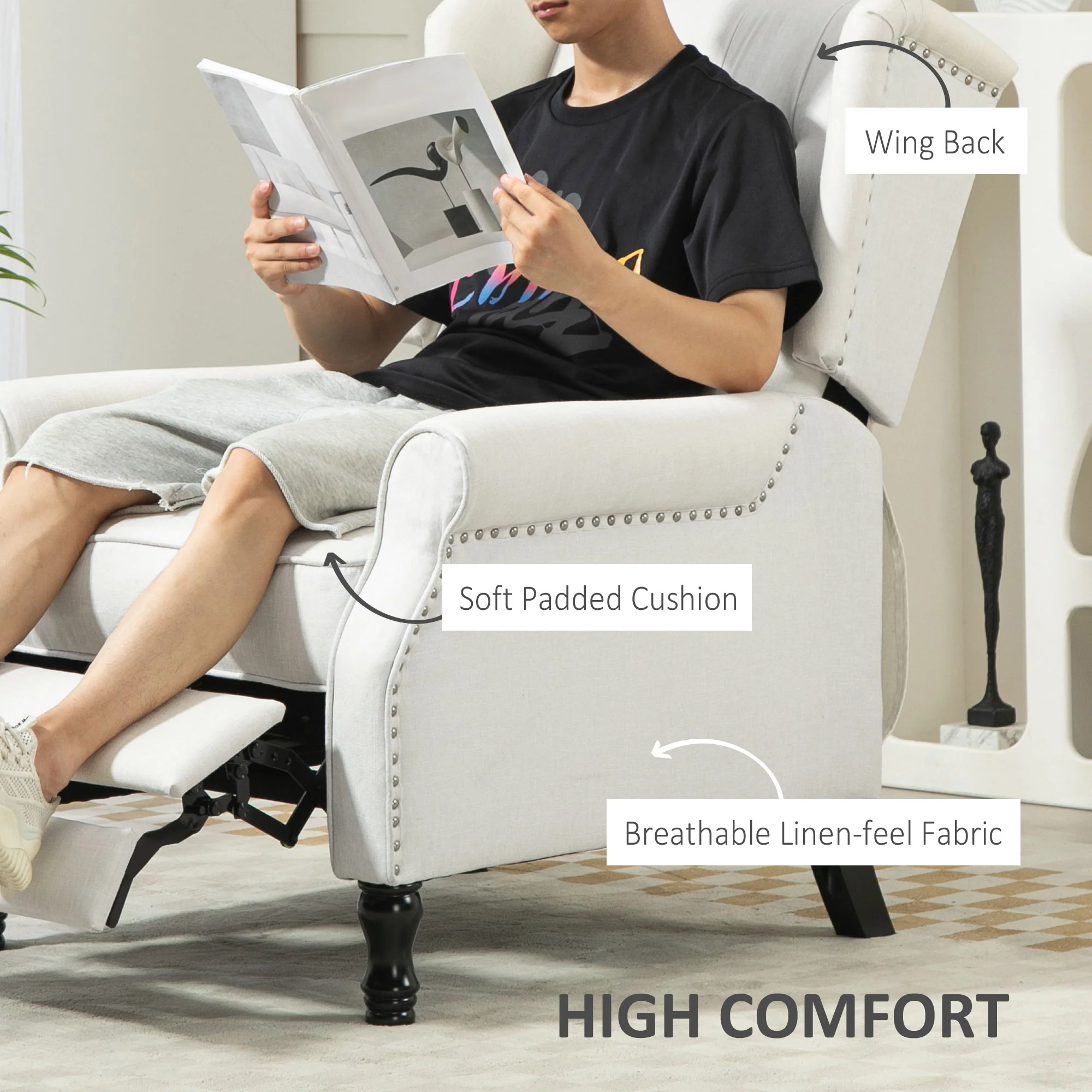 HOMCOM Manual Cream White Reclining Armchair Recliner With Footrest - Image 4