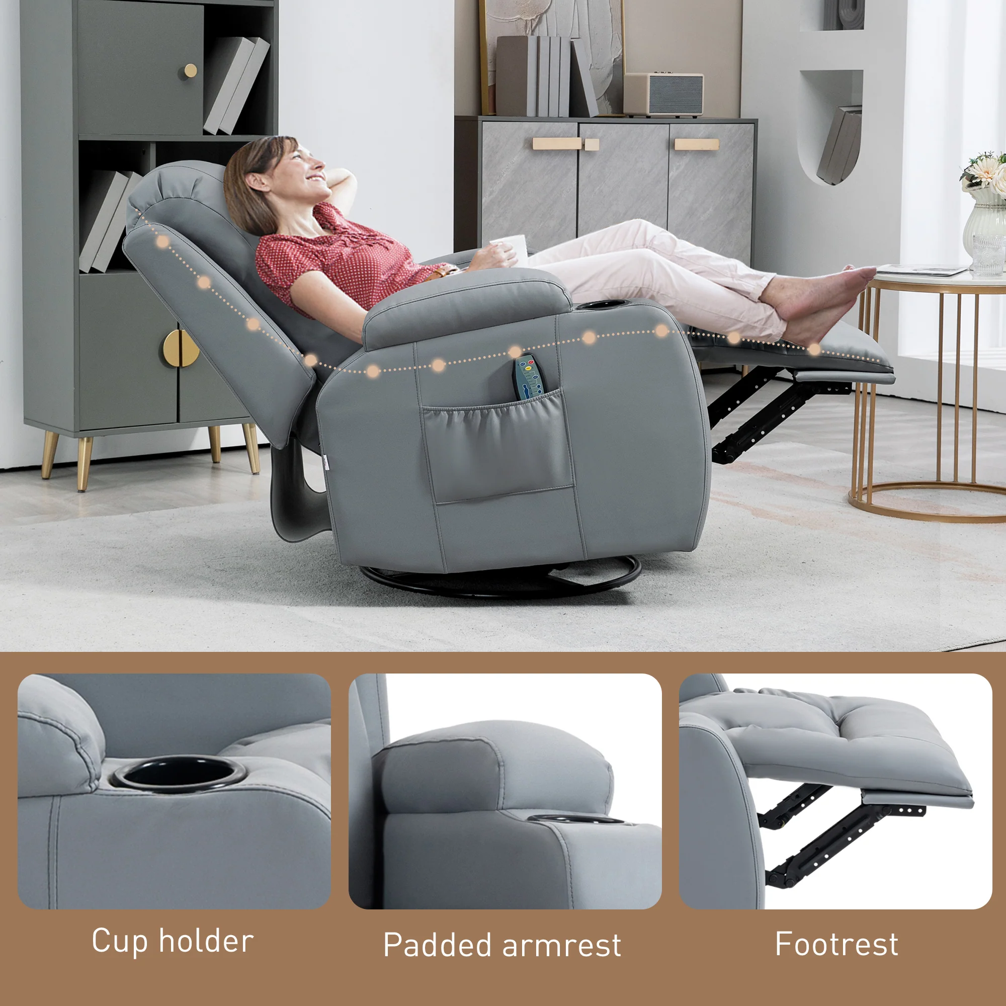 HOMCOM Manual Recliner Chair with 8 Vibration & Heat, Light Grey - Image 8