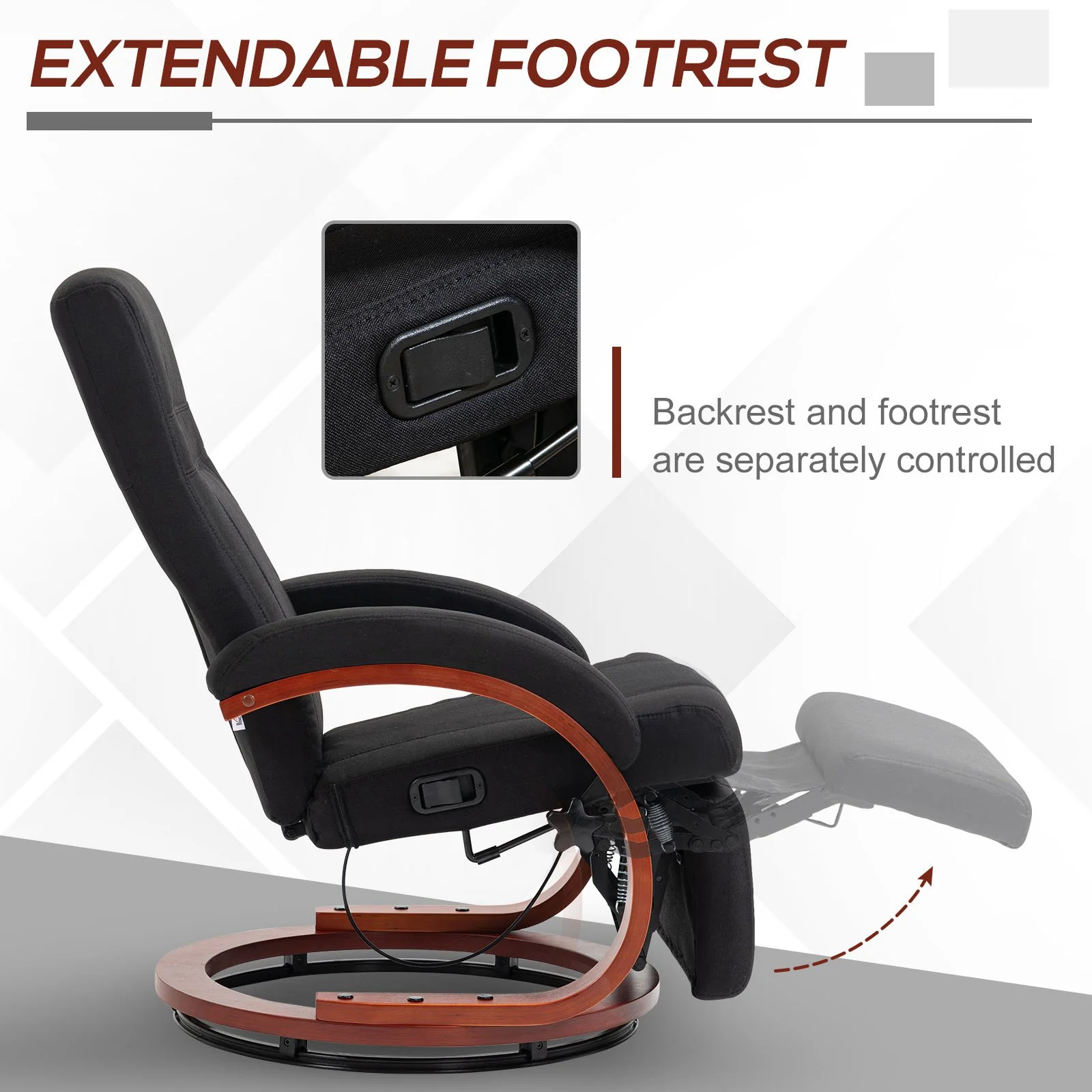HOMCOM Manual Recliner Swivel Reclining Chair With Footrest Armrests Black - Image 5