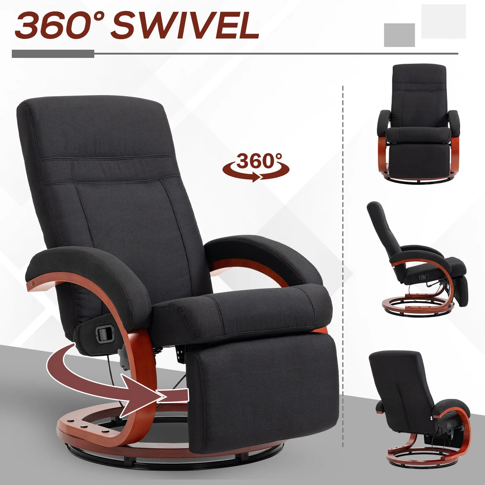 HOMCOM Manual Recliner Swivel Reclining Chair With Footrest Armrests Black - Image 6