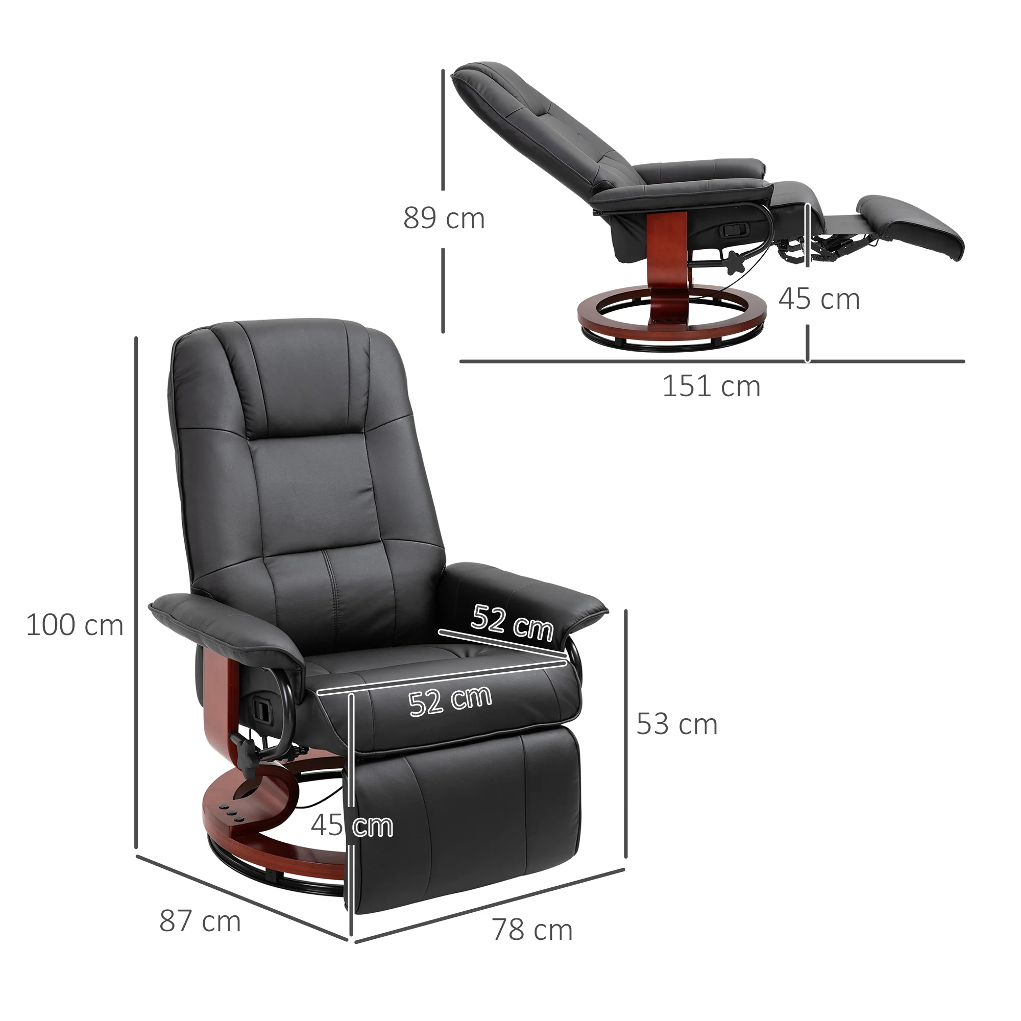 HOMCOM Manual Recliner Swivel Reclining Chair With Footrest Armrests, Black - Image 5
