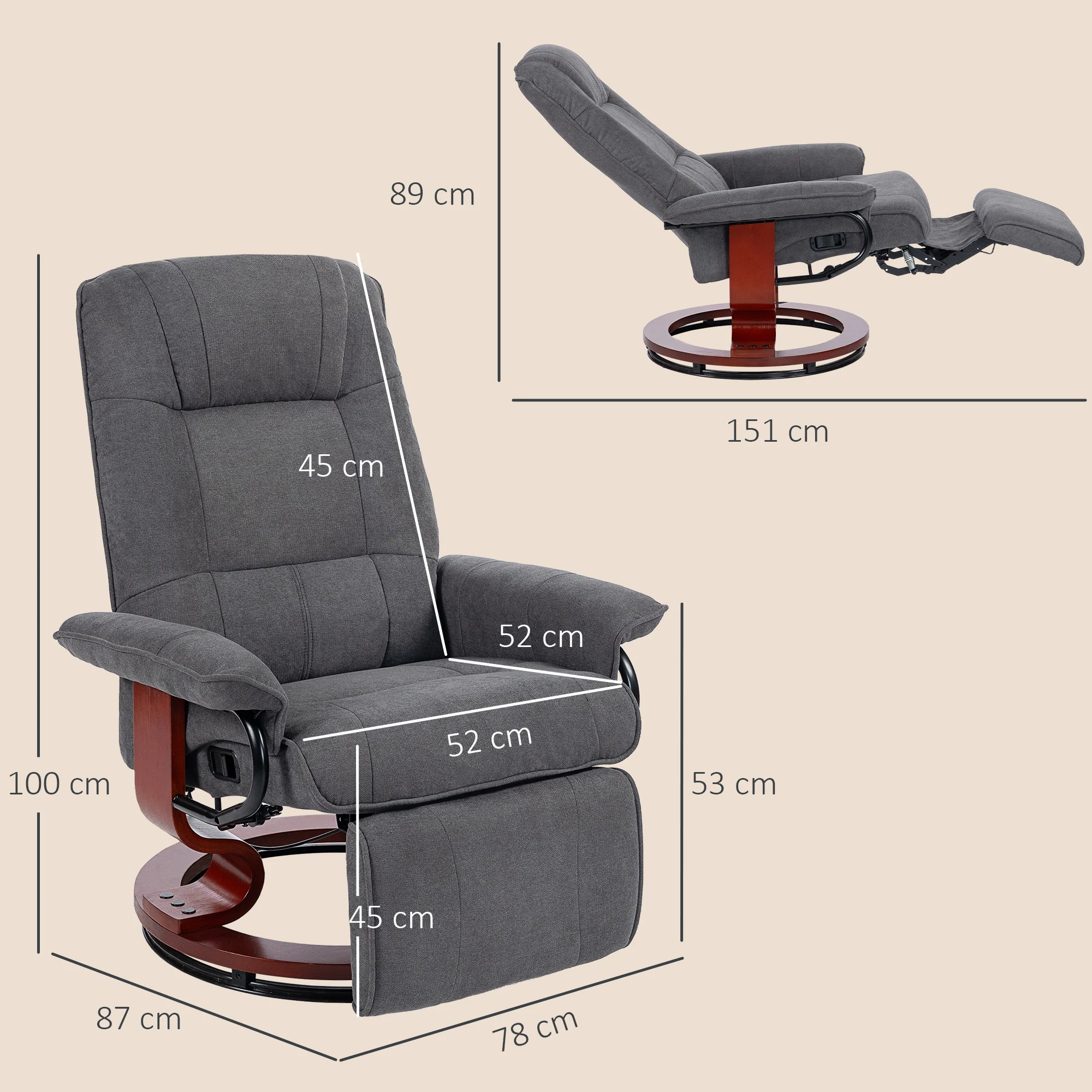 HOMCOM Manual Recliner Swivel Reclining Chair With Footrest Armrests Grey - Image 5