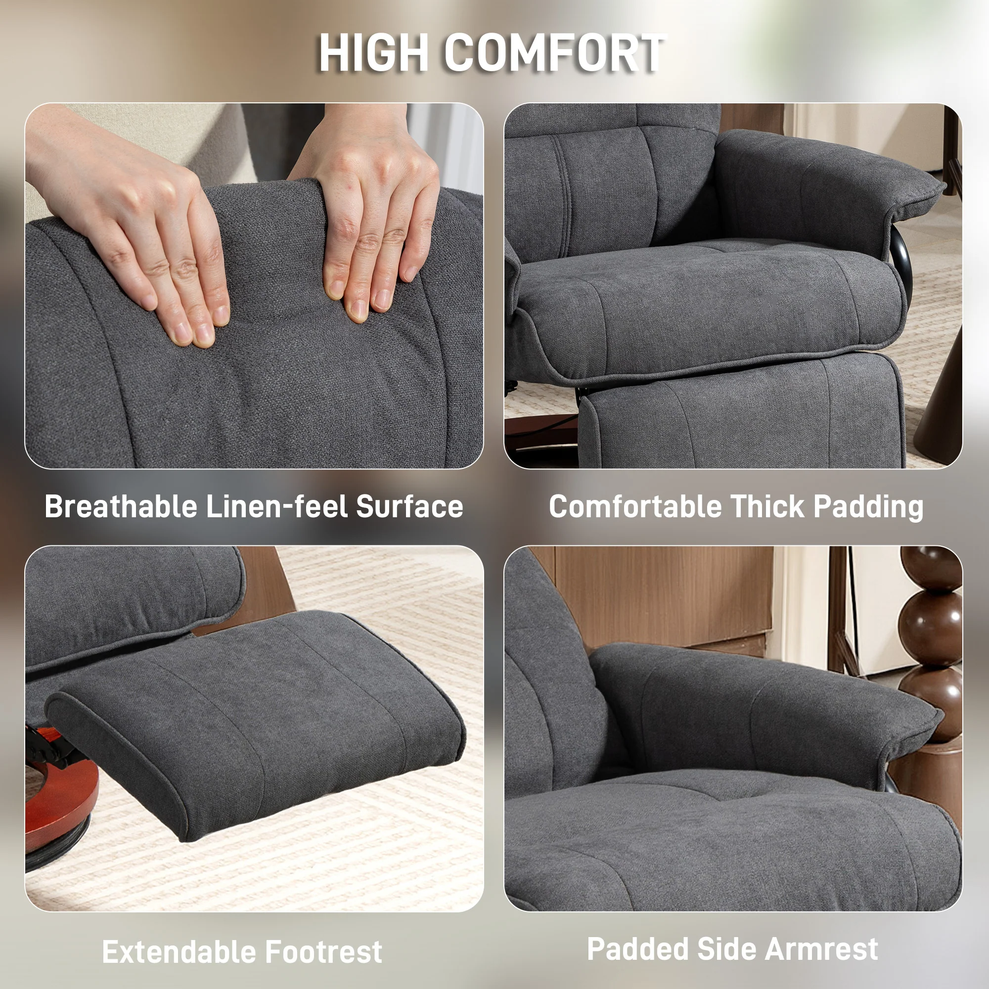 HOMCOM Manual Recliner Swivel Reclining Chair With Footrest Armrests Grey - Image 6