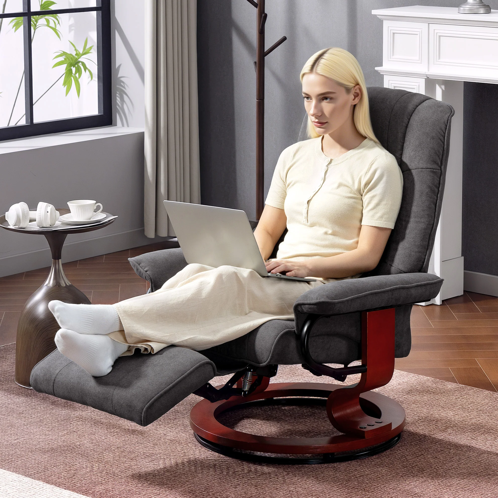 HOMCOM Manual Recliner Swivel Reclining Chair With Footrest Armrests Grey - Image 9