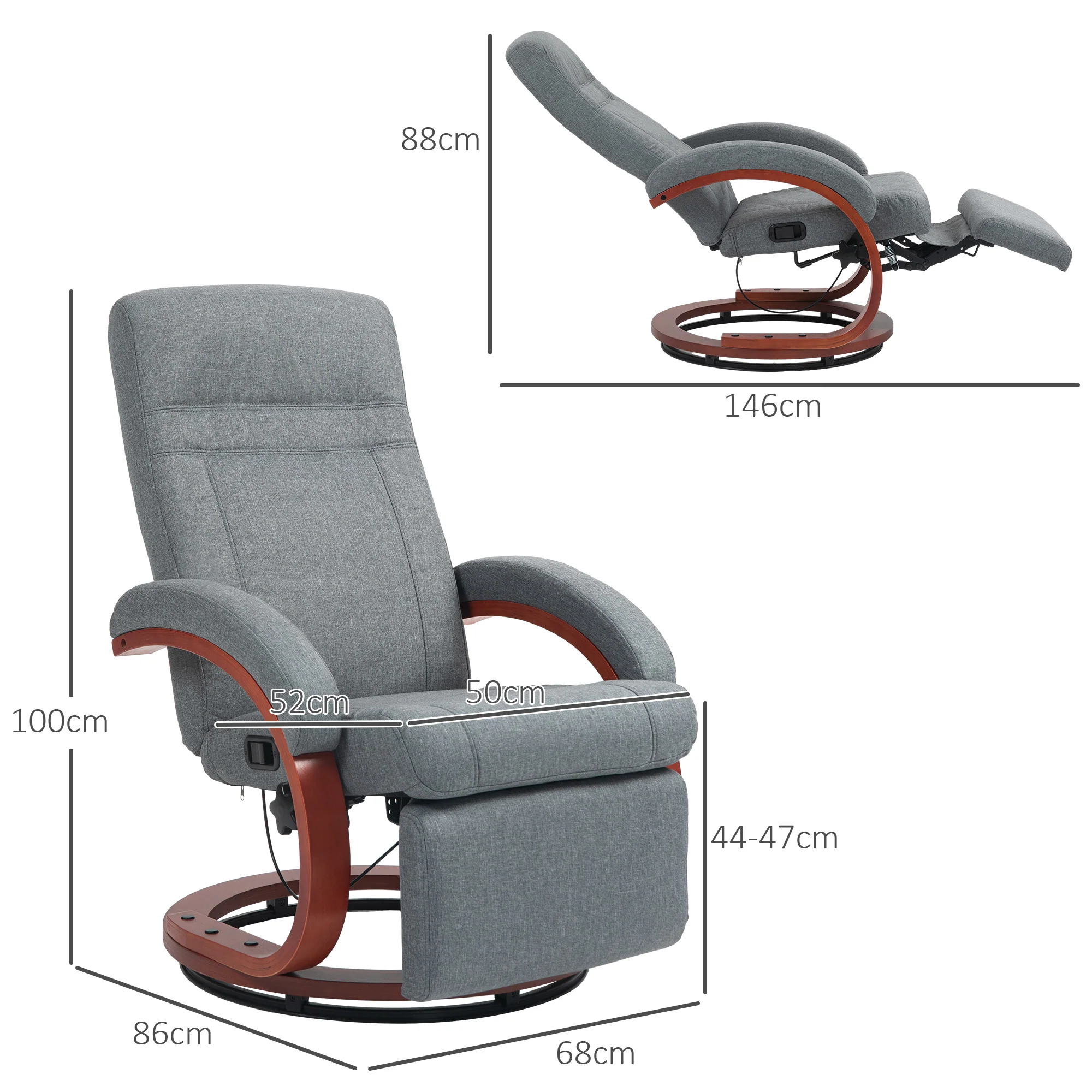 HOMCOM Manual Recliner Swivel Reclining Chair with Footrest Armrests Grey - Image 5