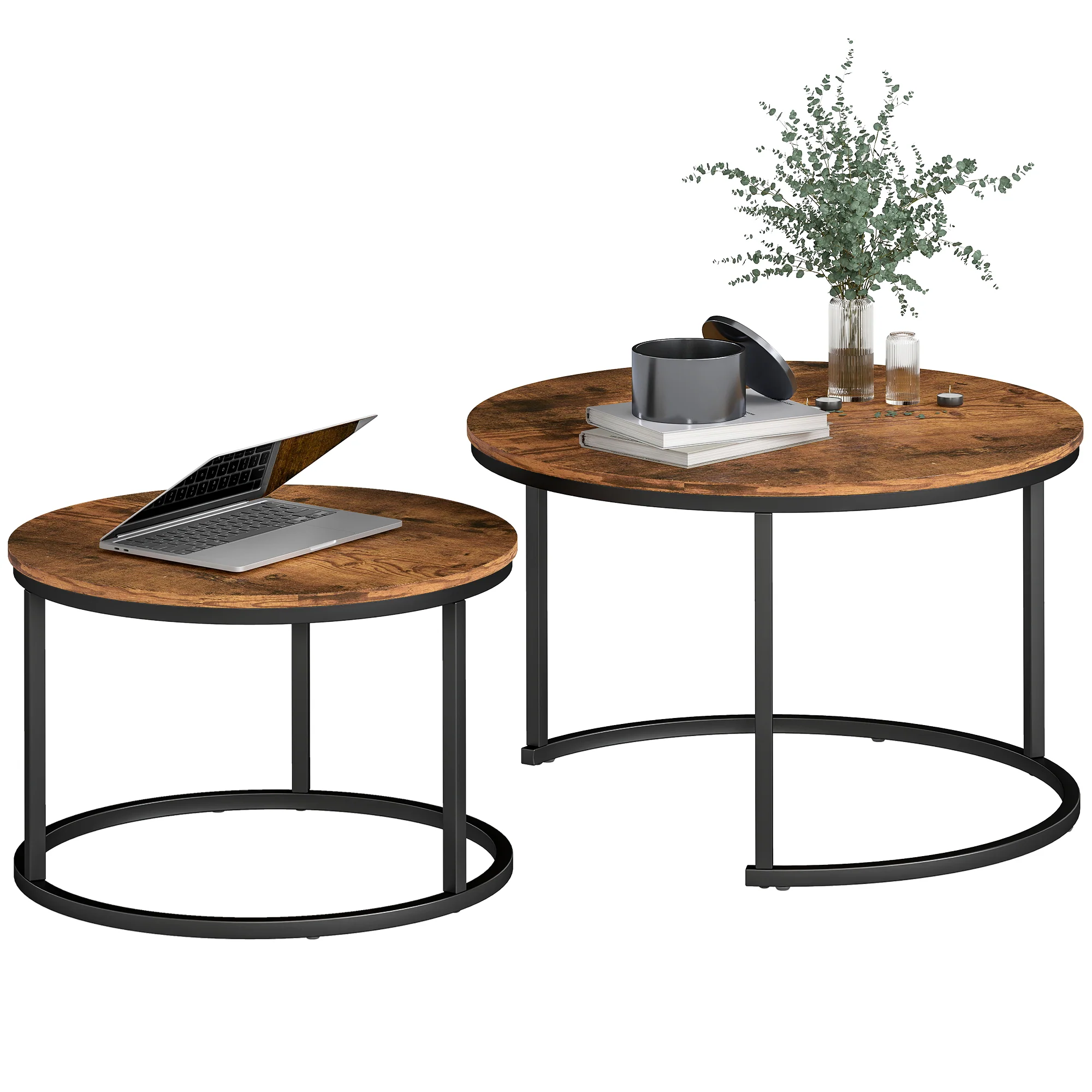 HOMCOM Marble Coffee Table Set of 2, Round Nest of Tables, Rustic Brown