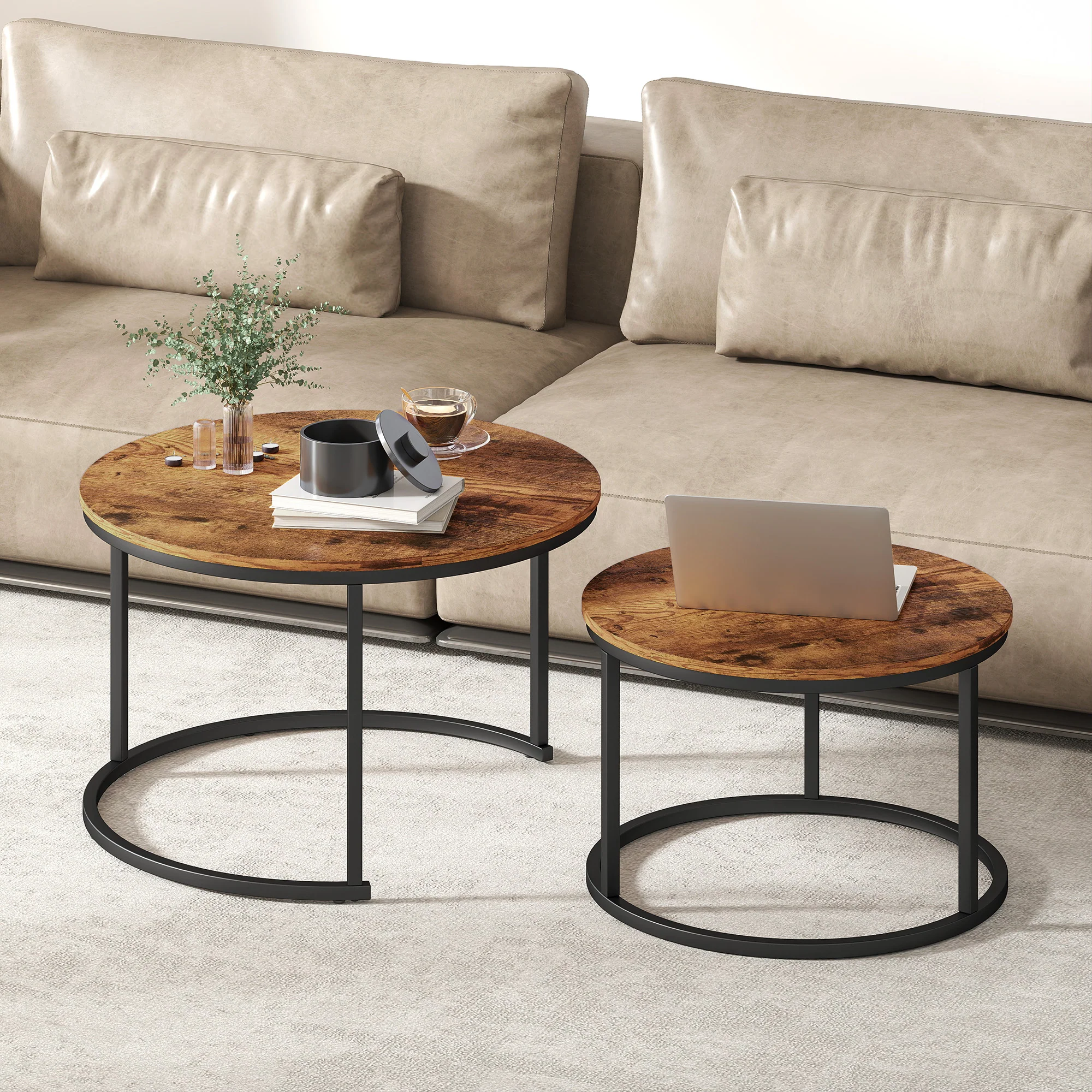 HOMCOM Marble Coffee Table Set of 2, Round Nest of Tables, Rustic Brown - Image 2