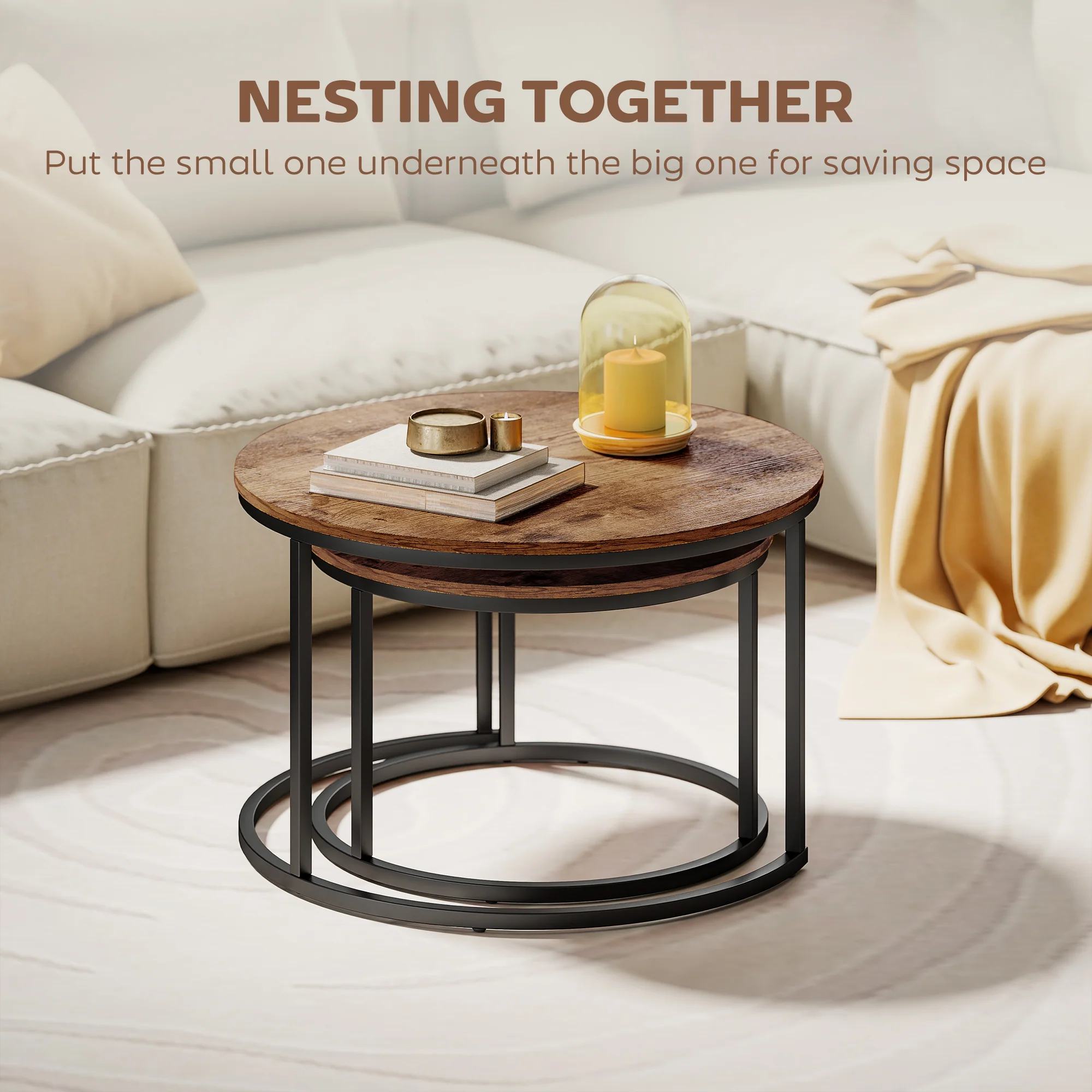 HOMCOM Marble Coffee Table Set of 2, Round Nest of Tables, Rustic Brown - Image 3