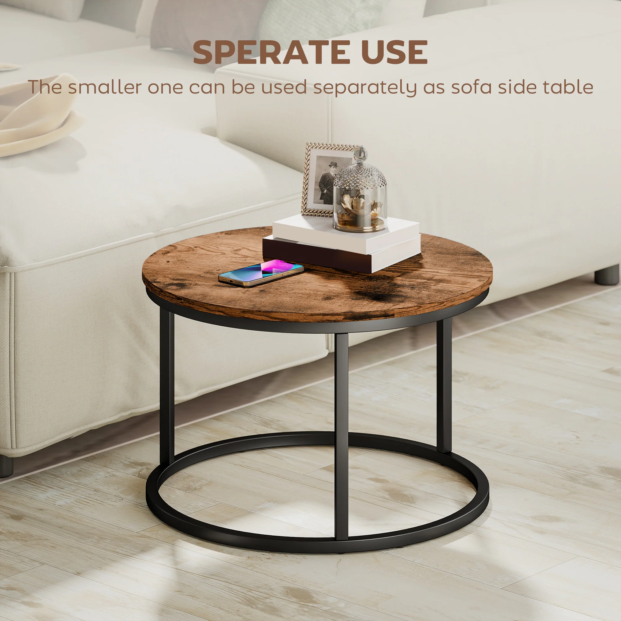 HOMCOM Marble Coffee Table Set of 2, Round Nest of Tables, Rustic Brown - Image 4