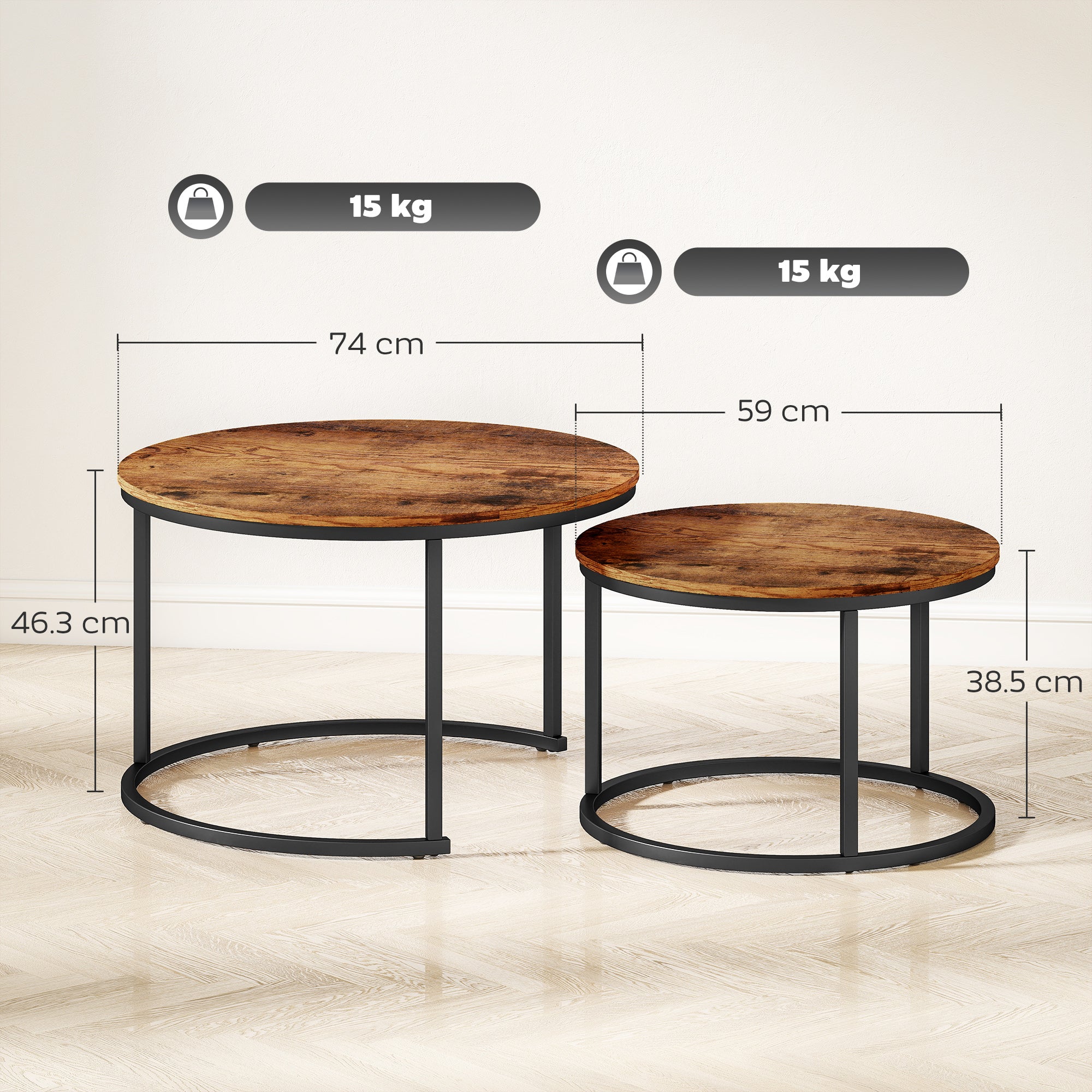 HOMCOM Marble Coffee Table Set of 2, Round Nest of Tables, Rustic Brown - Image 5