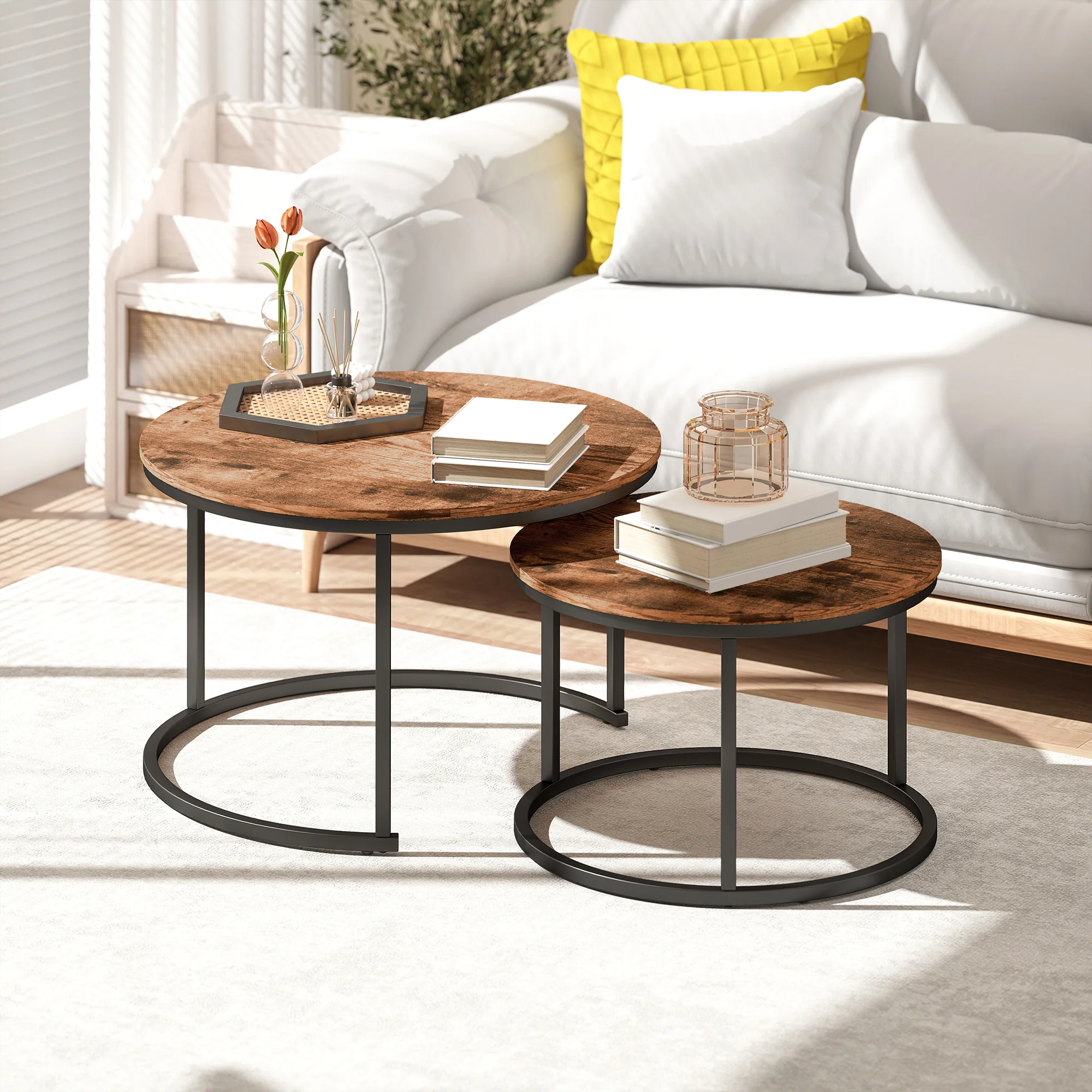 HOMCOM Marble Coffee Table Set of 2, Round Nest of Tables, Rustic Brown - Image 7
