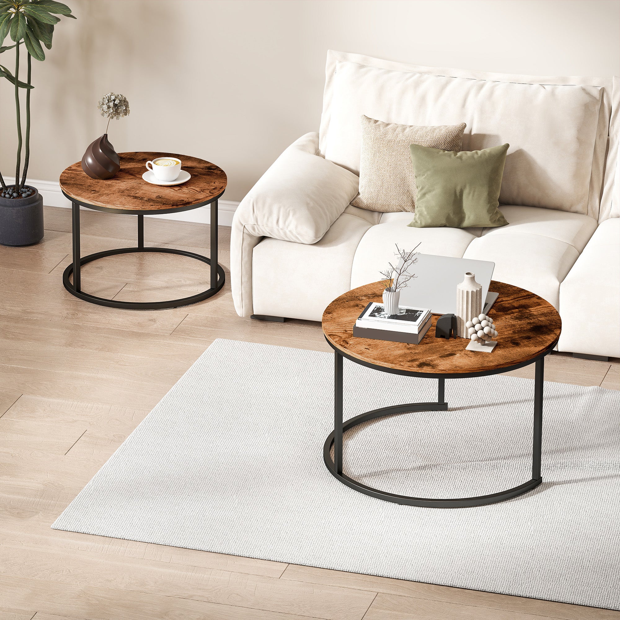 HOMCOM Marble Coffee Table Set of 2, Round Nest of Tables, Rustic Brown - Image 8