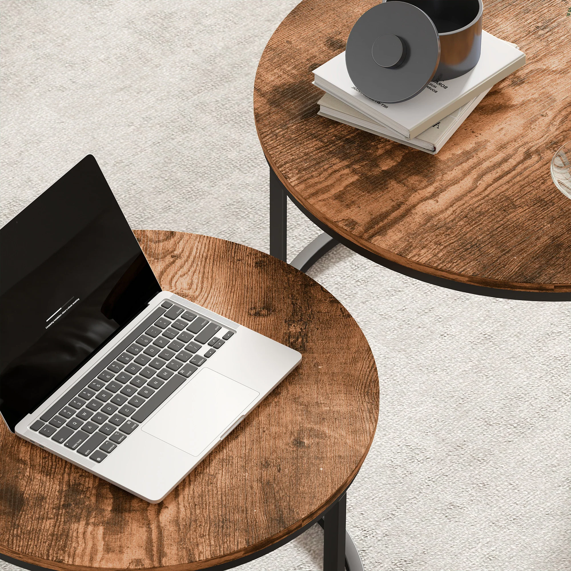 HOMCOM Marble Coffee Table Set of 2, Round Nest of Tables, Rustic Brown - Image 9