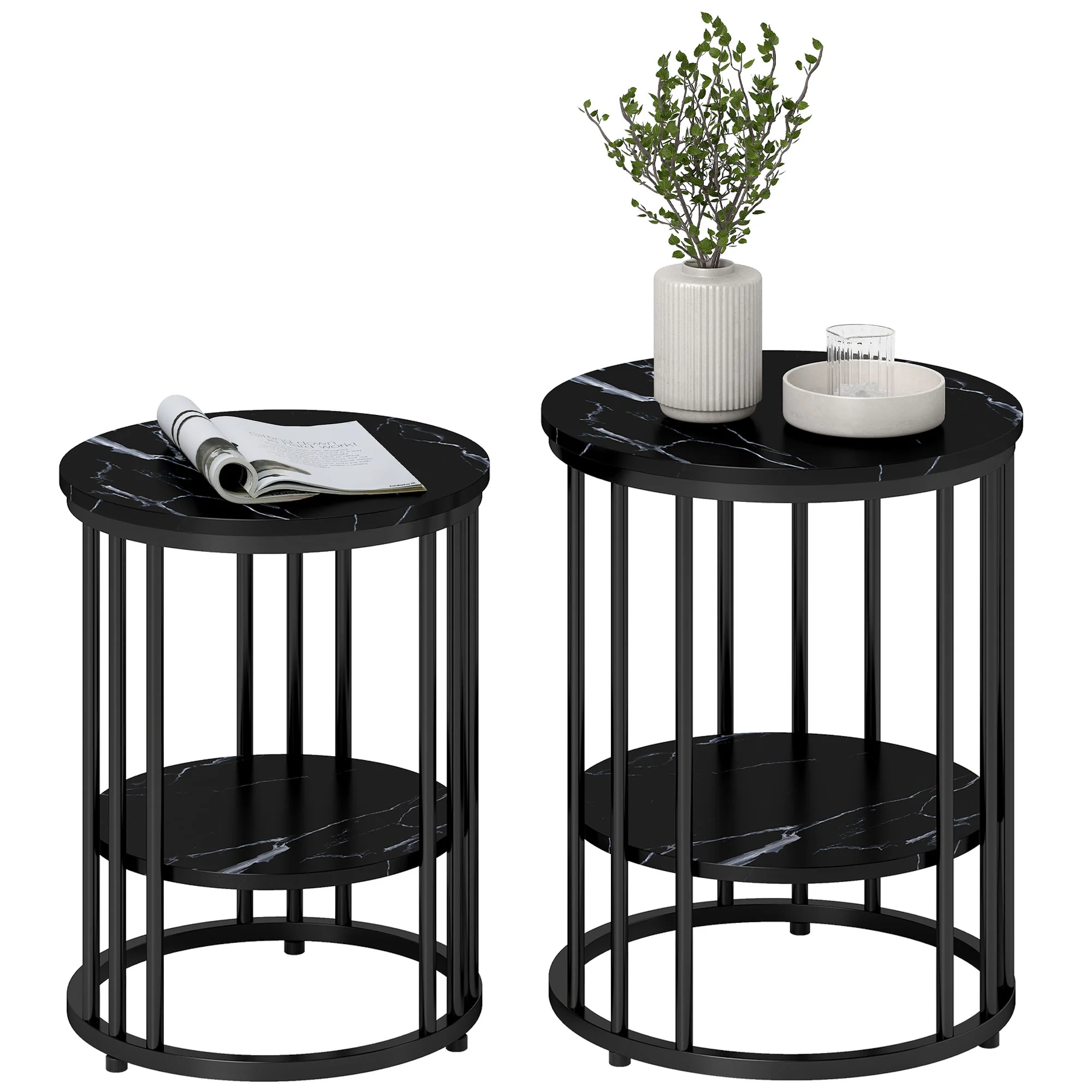 HOMCOM Marble-Effect Round Coffee Table Set Of 2 For Living Room, Black
