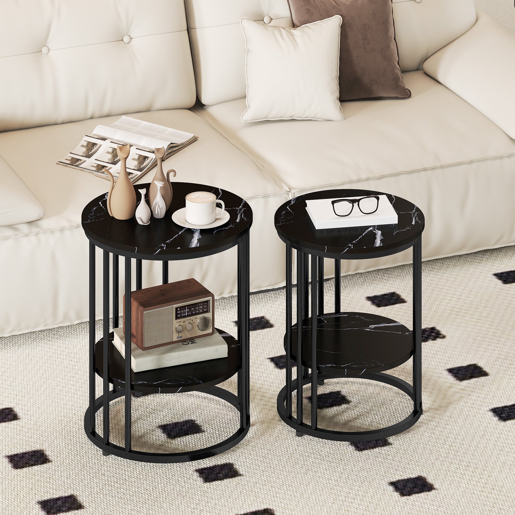 HOMCOM Marble-Effect Round Coffee Table Set Of 2 For Living Room, Black - Image 2