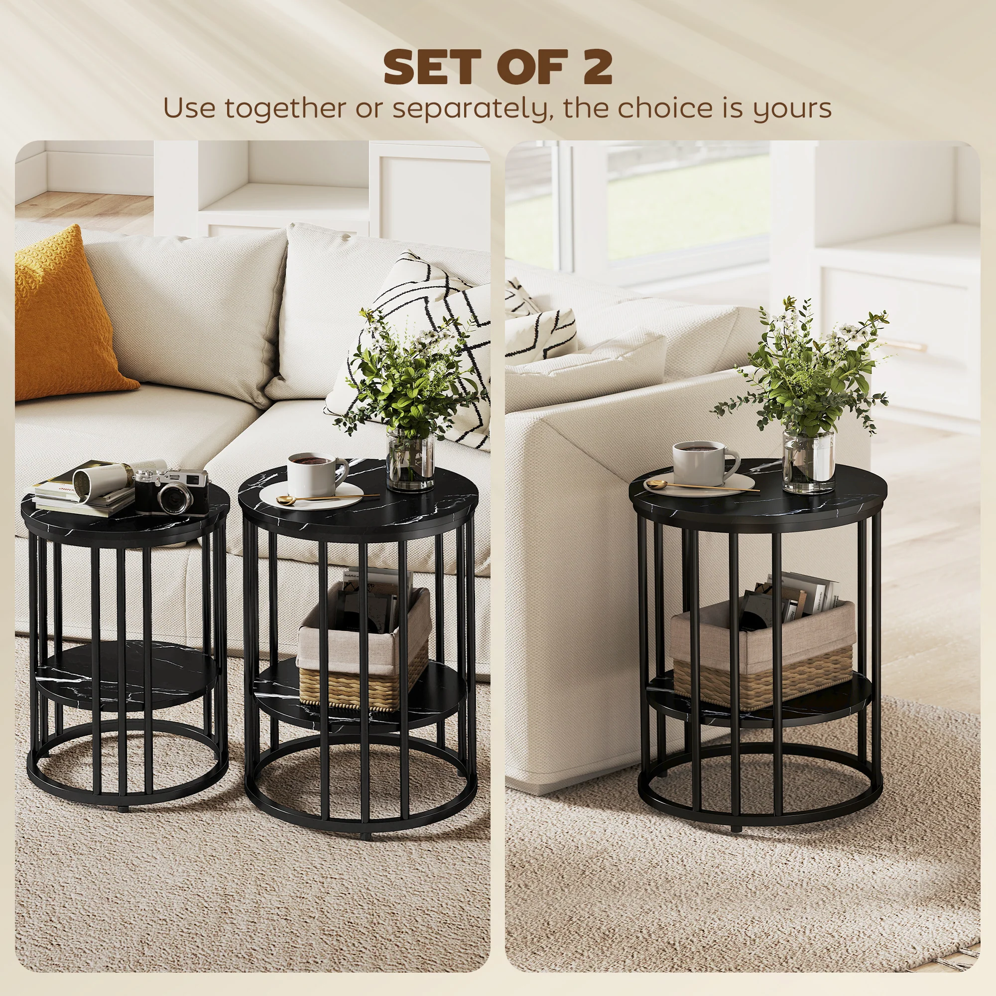 HOMCOM Marble-Effect Round Coffee Table Set Of 2 For Living Room, Black - Image 4