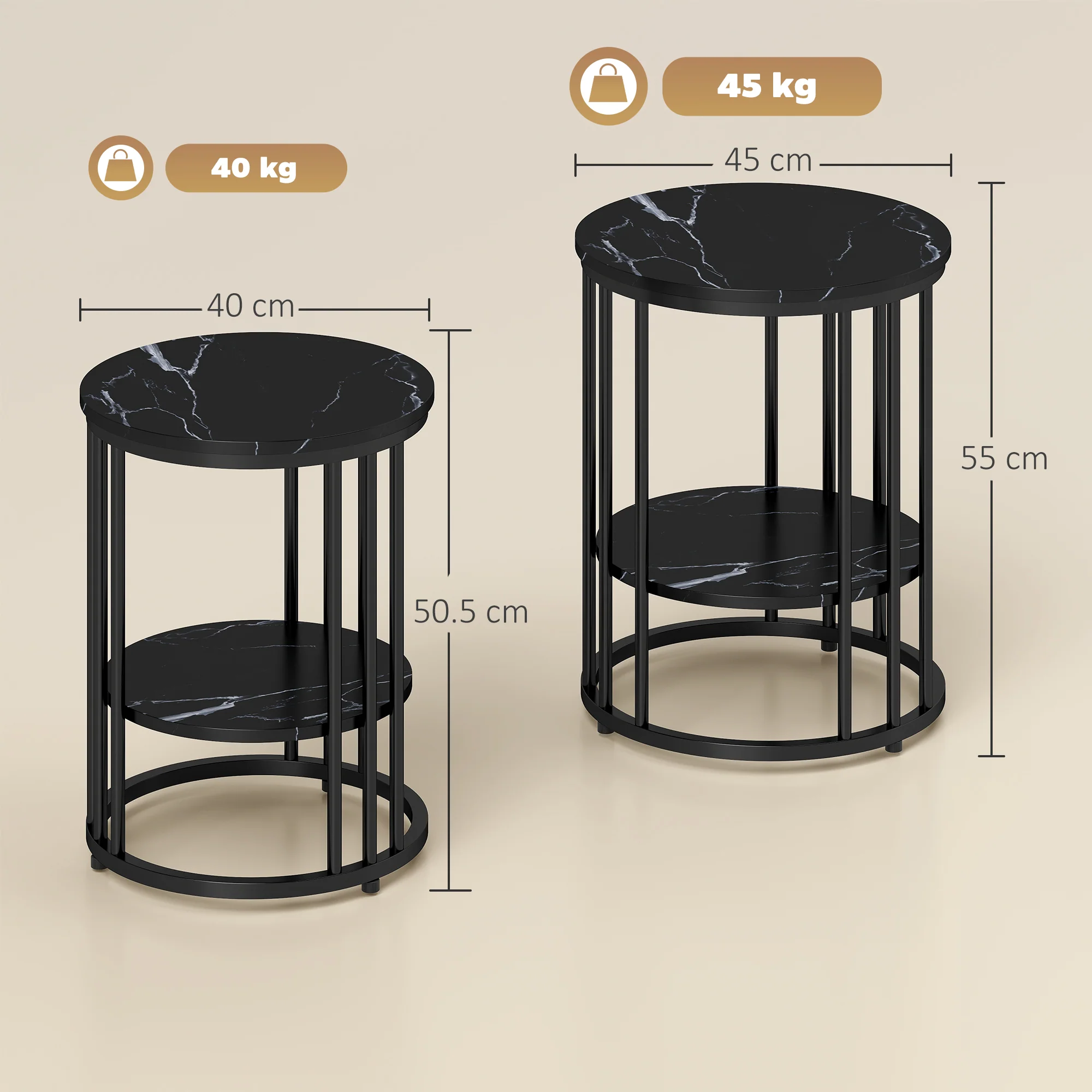 HOMCOM Marble-Effect Round Coffee Table Set Of 2 For Living Room, Black - Image 5
