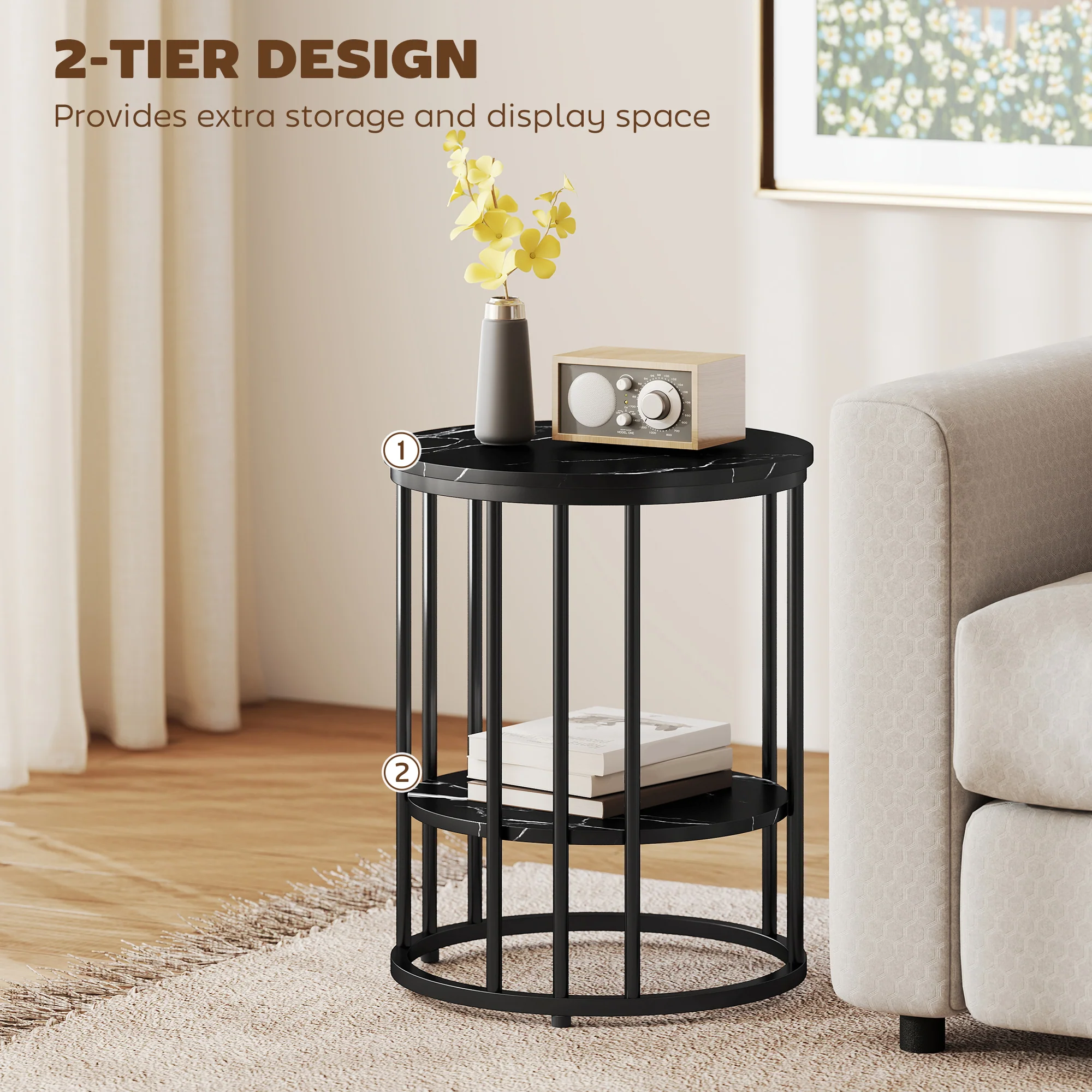 HOMCOM Marble-Effect Round Coffee Table Set Of 2 For Living Room, Black - Image 6