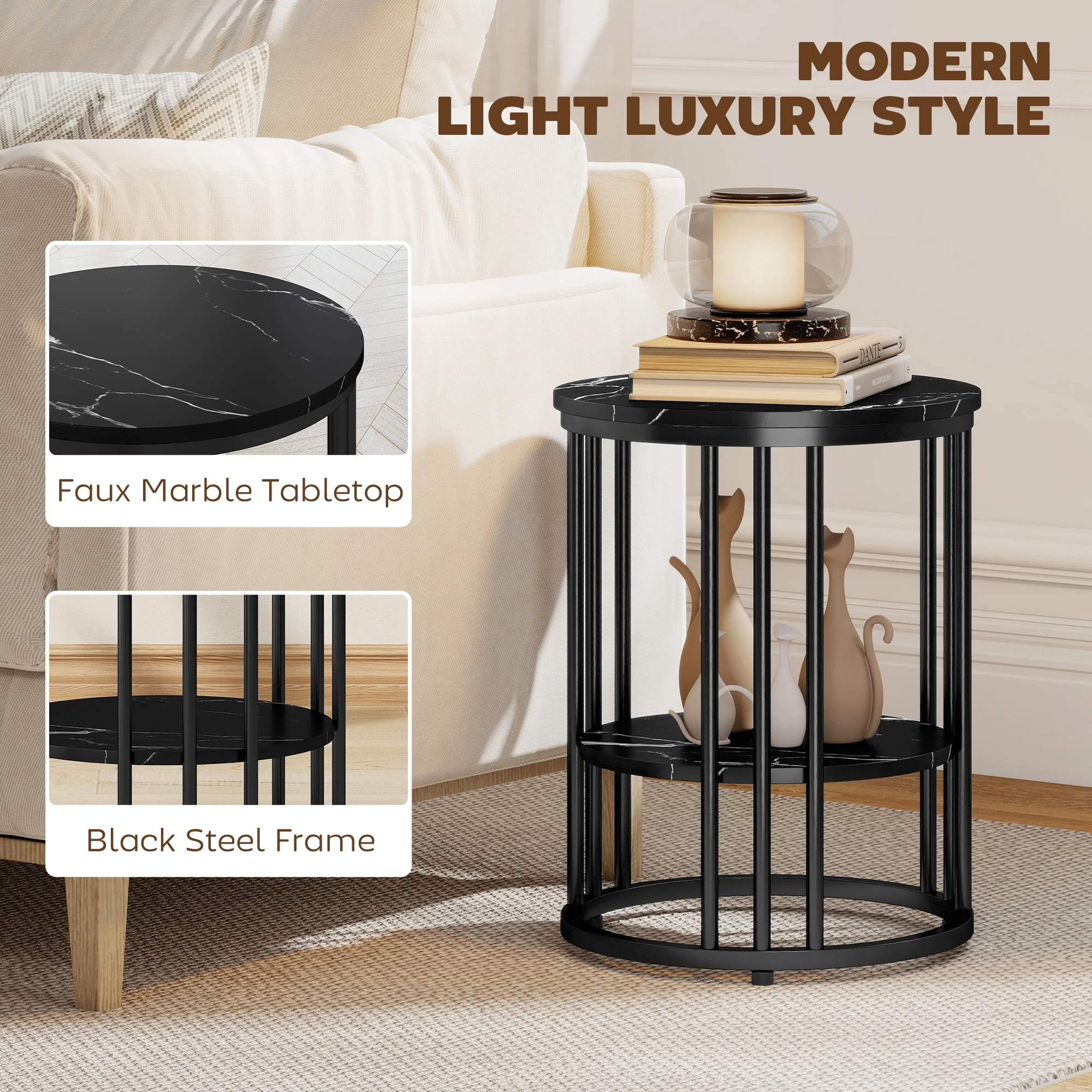 HOMCOM Marble-Effect Round Coffee Table Set Of 2 For Living Room, Black - Image 7