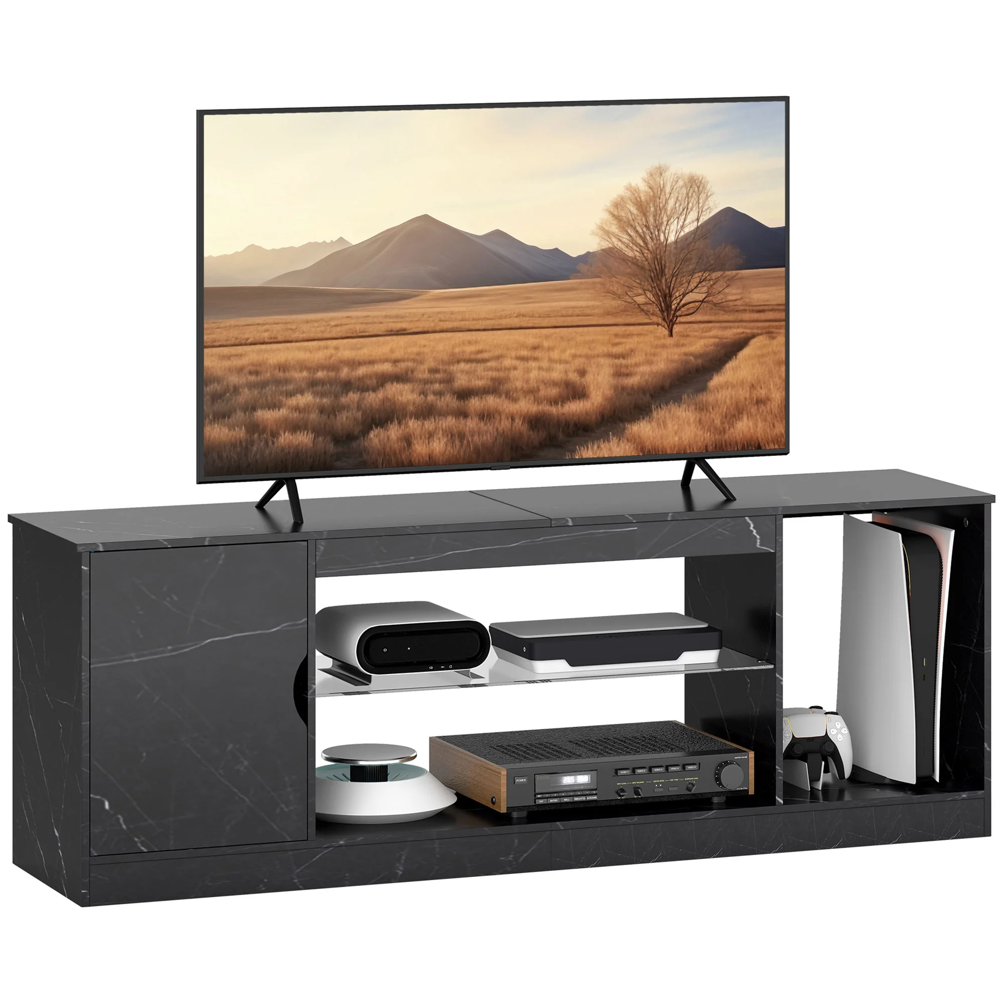 HOMCOM Marble Effect TV Stand Cabinet With Glass Shelf For 55 Inch TVs