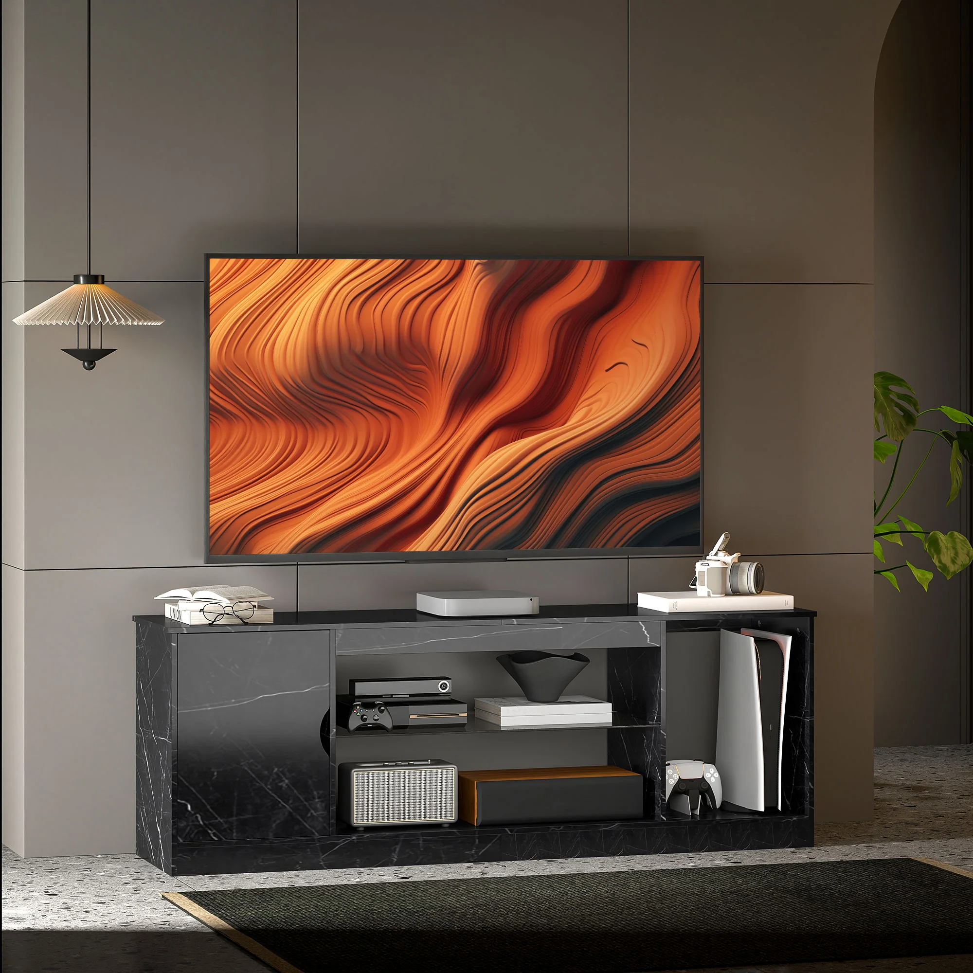 HOMCOM Marble Effect TV Stand Cabinet With Glass Shelf For 55 Inch TVs - Image 2