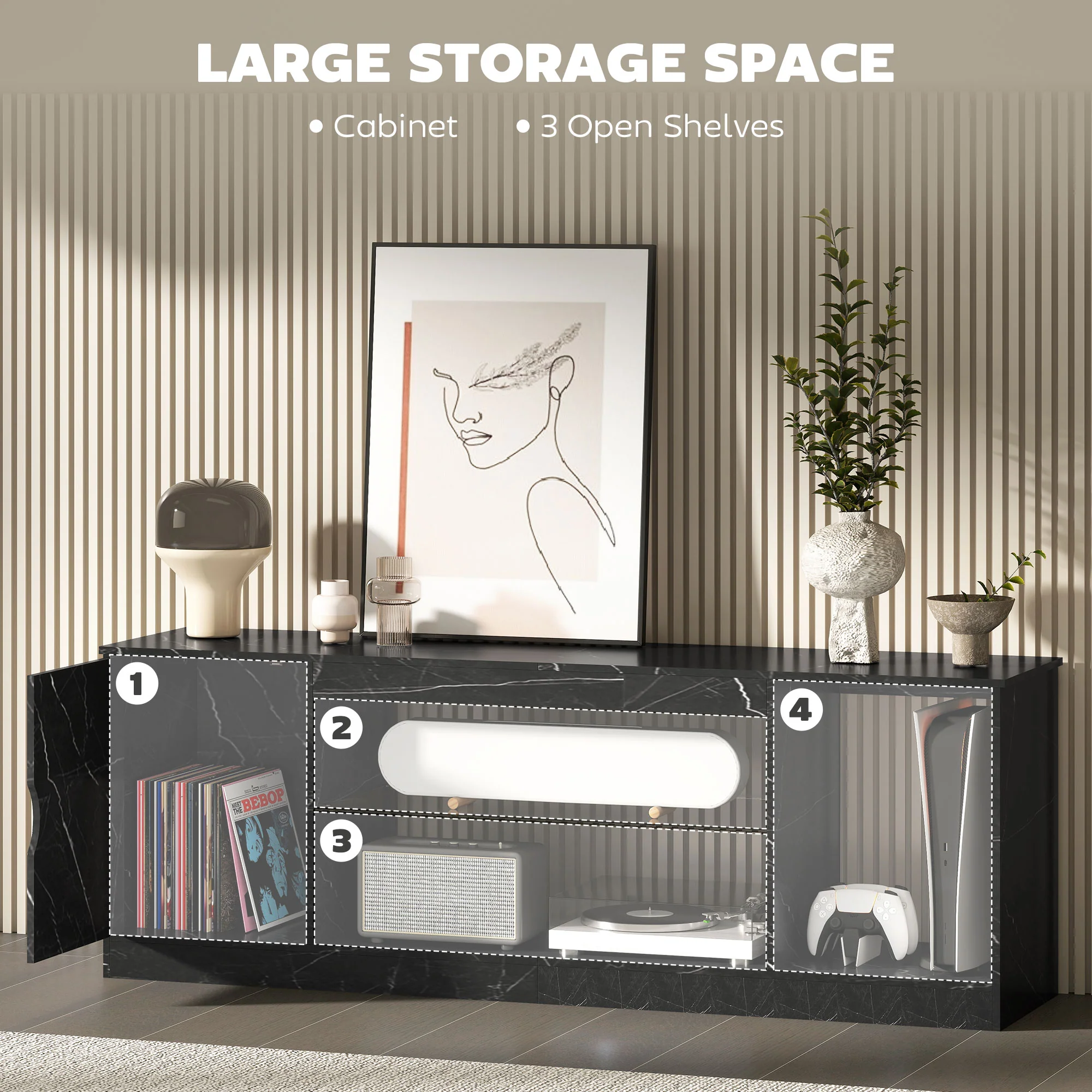 HOMCOM Marble Effect TV Stand Cabinet With Glass Shelf For 55 Inch TVs - Image 4