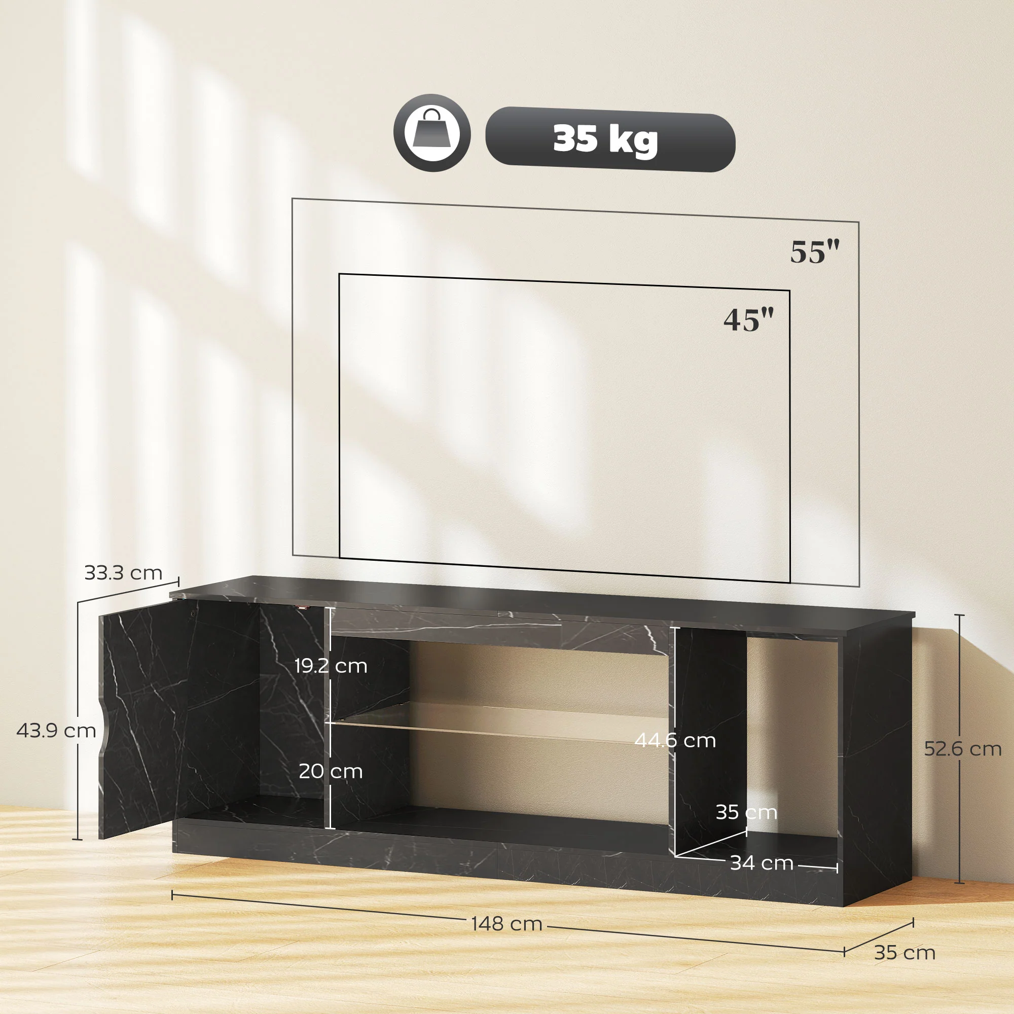 HOMCOM Marble Effect TV Stand Cabinet With Glass Shelf For 55 Inch TVs - Image 5