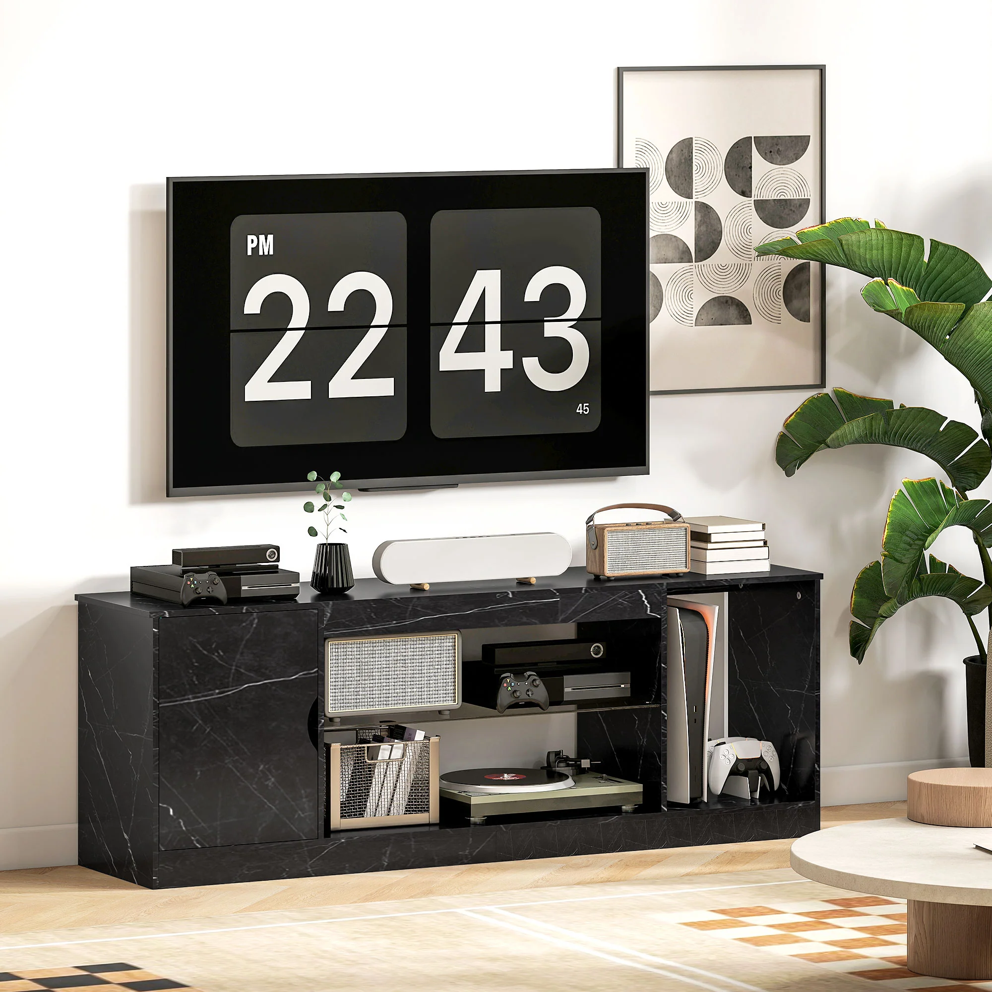 HOMCOM Marble Effect TV Stand Cabinet With Glass Shelf For 55 Inch TVs - Image 7
