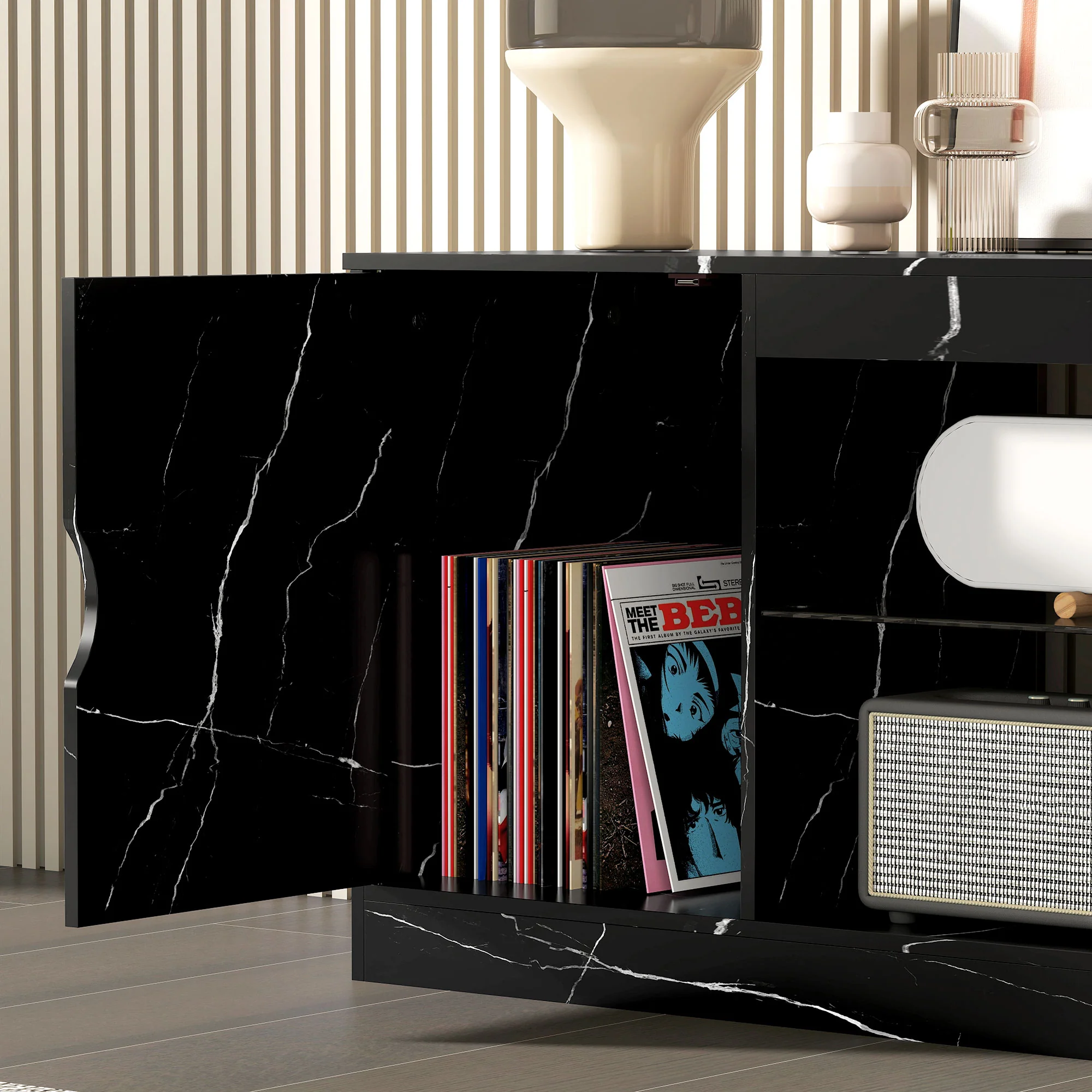 HOMCOM Marble Effect TV Stand Cabinet With Glass Shelf For 55 Inch TVs - Image 9