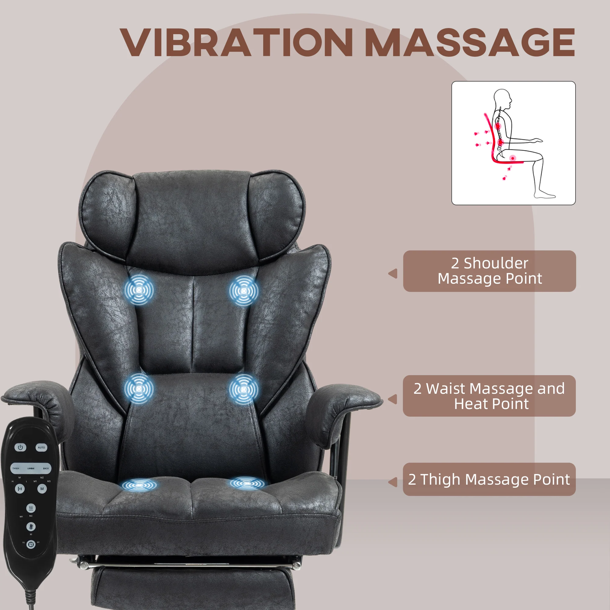 HOMCOM Massage Office Chair, Heated Reclining Desk Chair - Black/Grey - Image 3