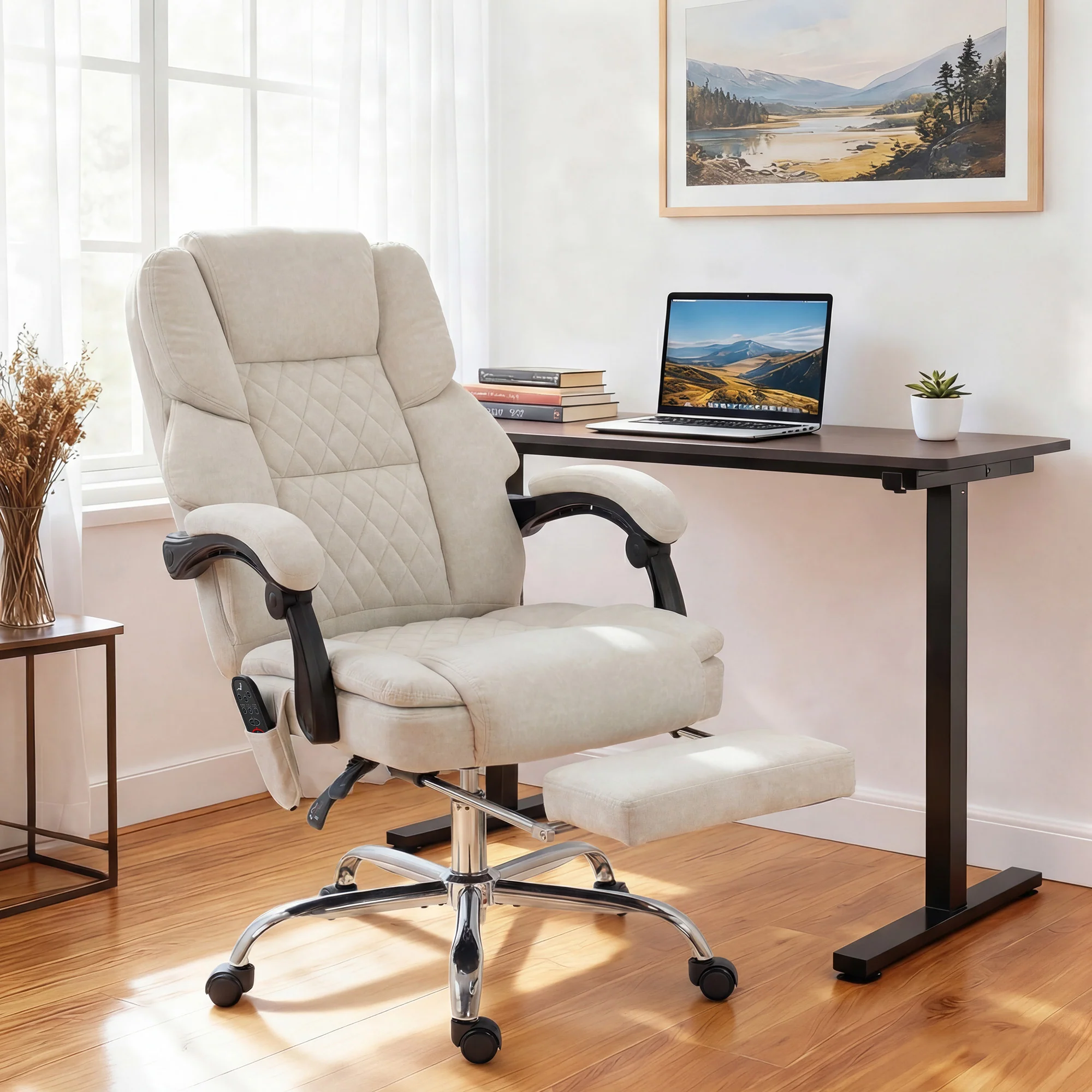 HOMCOM Massage Office Chair With Heat, 135° Reclining Desk Chair, Cream - Image 2