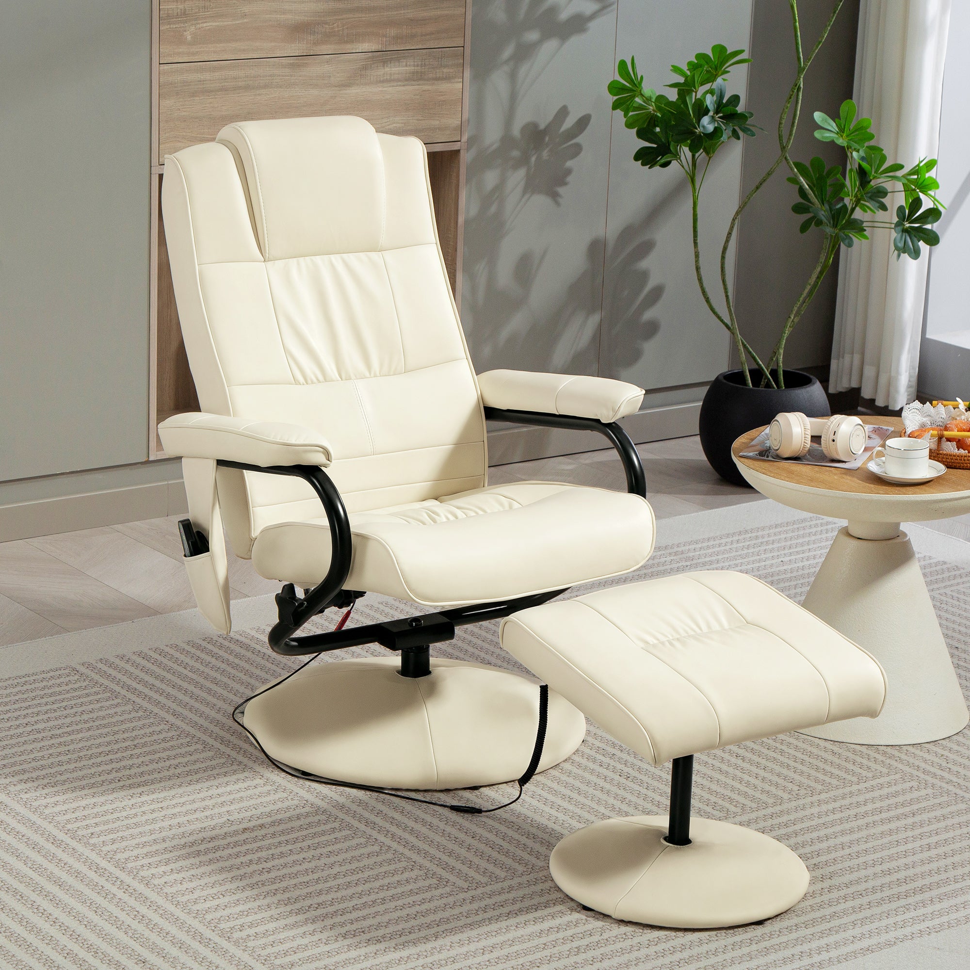 HOMCOM Massage Recliner Chair Cushioned Ottoman 10 Point Vibration Cream - Image 2